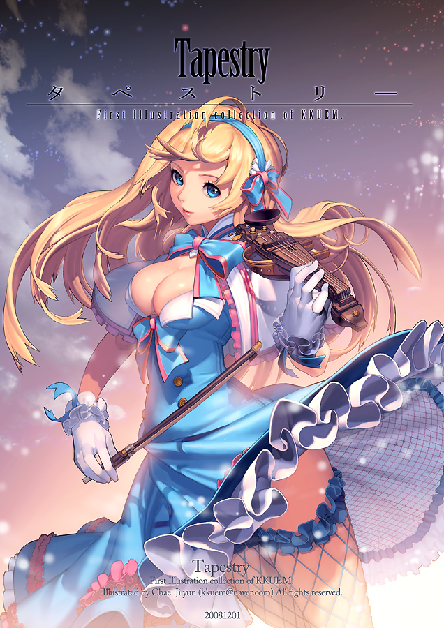 kkuem, original, bad id, bad pixiv id, 1girl, blonde hair, blue eyes, breasts, cleavage, female focus, fishnet thighhighs, fishnets, gloves, hairband, instrument, large breasts, long hair, solo, thighhighs, violin
