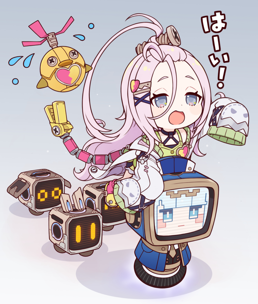 haruneharu, aino (genshin impact), ineffa (genshin impact), genshin impact, commentary request, translation request, 1girl, :d, ahoge, arm up, bangs pinned back, birgitta (genshin impact), black choker, black dress, bloomers, blush, chibi, choker, coat, dress, forehead, green dress, grey background, grey eyes, hair ornament, hairclip, halter dress, halterneck, huge ahoge, lab coat, long hair, looking at viewer, loose socks, off shoulder, open clothes, open coat, open mouth, pink hair, pink socks, robot, screw hair ornament, short eyebrows, sidelocks, sleeves past fingers, sleeves past wrists, slippers, smile, socks, underwear, very long hair, very long sleeves, white coat, x hair ornament, yellow slippers