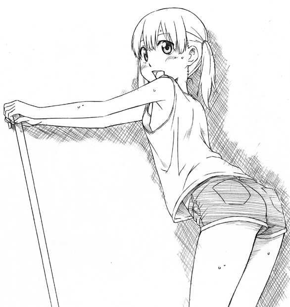 sawa jaaji, sasa kanako, hourou musuko, bad id, bad pixiv id, 1girl, breasts, denim, denim shorts, flat chest, greyscale, monochrome, nipples, shorts, sideboob, small breasts, sweat, twintails