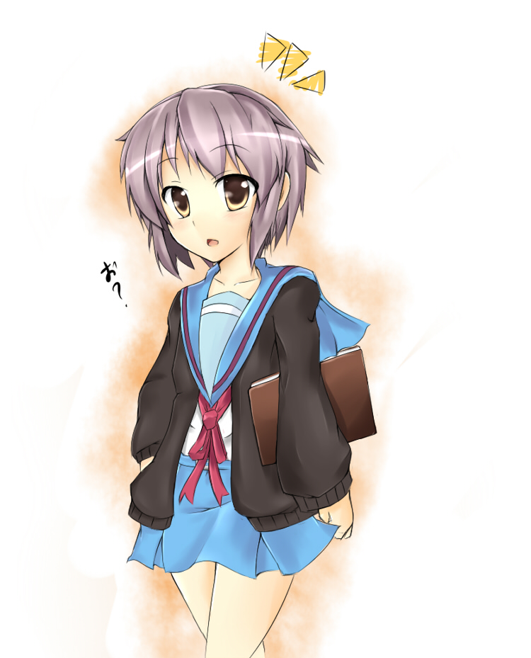 surikogi, nagato yuki, suzumiya haruhi no yuuutsu, silver hair, 00s, cardigan, school uniform, serafuku, short hair, solo