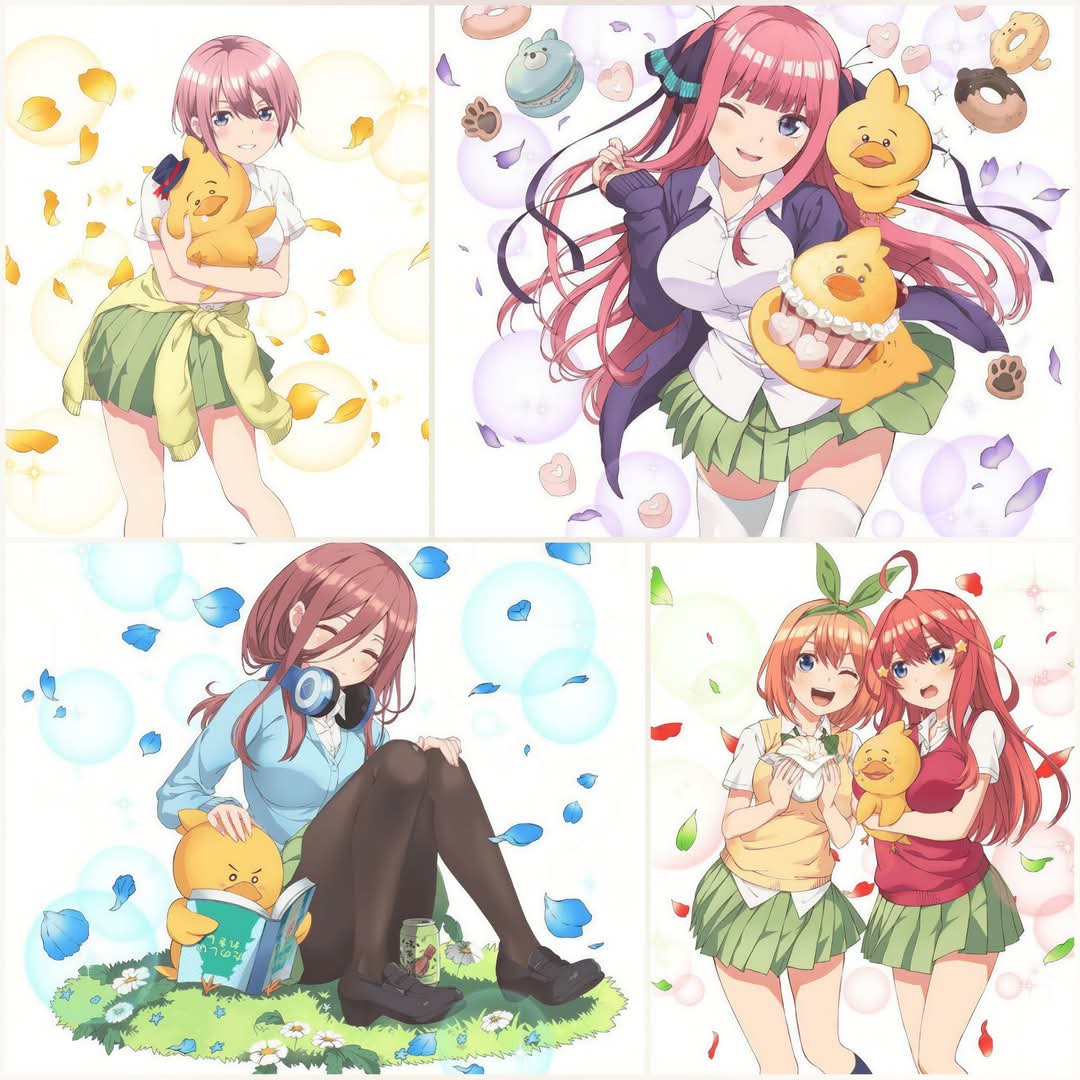 nakano ichika, nakano itsuki, nakano miku, nakano nino, nakano yotsuba, go-toubun no hanayome, highres, official art, stitched, third-party edit, 5girls, ahoge, black pantyhose, black shoe, black socks, blue eyes, blue flower, blue petals, blue sweater, blush, bow, bowtie, bread, breasts, brown hair, cake, cake slice, closed eyes, closed mouth, clothes around waist, collared shirt, dot nose, female focus, flower, food, full body, grass, green background, green bow, green bowtie, green petals, hair bow, hair ornament, headphones, headphones around neck, holding, holding food, holding stuffed toy, jacket, juice, juice can, large breasts, legs, long hair, long sleeves, looking at viewer, medium hair, melon bread, miniskirt, multiple girls, one eye closed, open mouth, orange hair, pantyhose, pink hair, pleated skirt, purple jacket, purple petals, quintuplets, red hair, red petals, red sweater vest, red vest, school uniform, shirt, shirt under sweater, shirt under vest, short hair, short sleeves, siblings, sisters, sitting, skirt, smile, socks, star (symbol), star hair ornament, stuffed toy, sweater, sweater around waist, sweater vest, teeth, thighhighs, thighs, twintails, upper teeth only, very long hair, vest, white flower, white shirt, white thighhighs, wink, yellow petals, yellow sweater, yellow sweater vest, yellow vest, zettai ryouiki