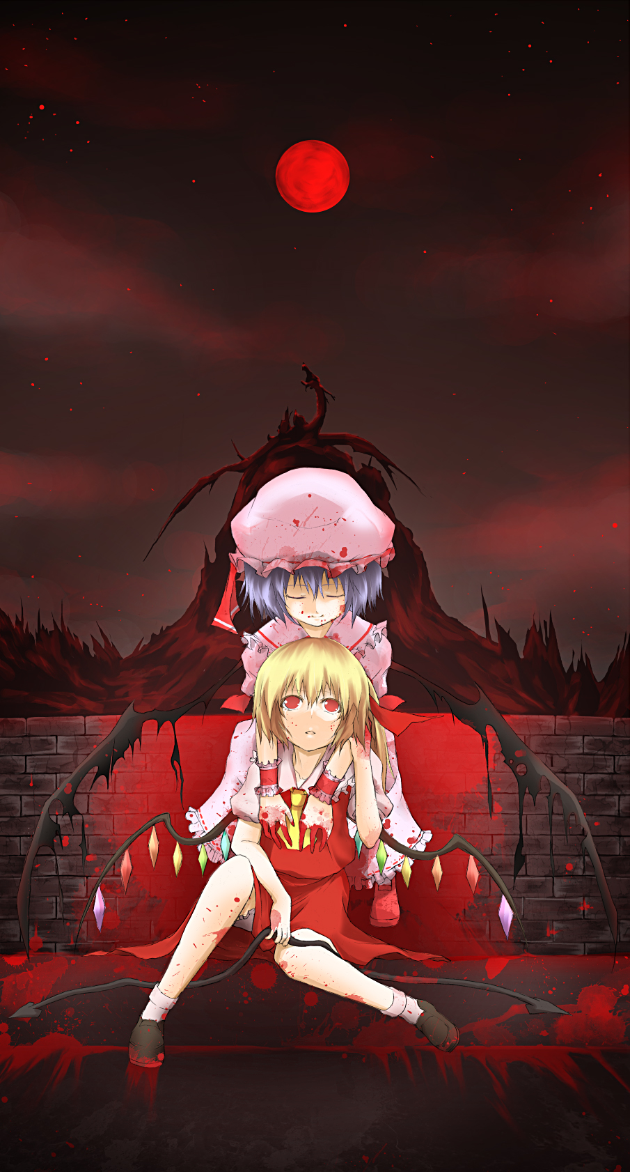 sutagu, flandre scarlet, remilia scarlet, touhou, highres, 2girls, bat wings, blood, female focus, moon, multiple girls, red moon, red sky, siblings, sisters, sky, star (sky), star (symbol), starry sky, wings