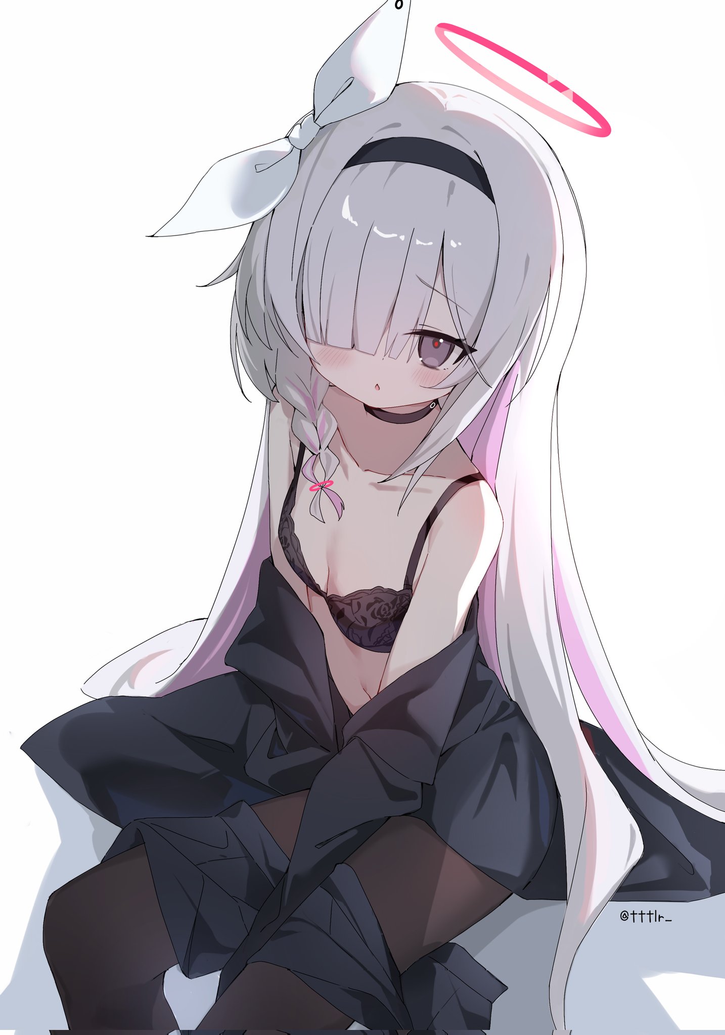 tttlr, plana (blue archive), blue archive, highres, 1girl, black bra, black choker, black coat, black eyes, black hairband, black pantyhose, blush, bra, braid, breasts, choker, coat, collarbone, colored inner hair, hair over one eye, hairband, halo, long hair, looking at viewer, multicolored hair, pantyhose, pink hair, pink halo, red halo, red pupils, simple background, single braid, sitting, small breasts, solo, twitter username, underwear, very long hair, white background, white hair