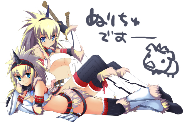 higa yukari, poogie, capcom, monster hunter (series), 2girls, blue eyes, hairband, horns, kirin (armor), multiple girls, single horn, thighhighs, white hair