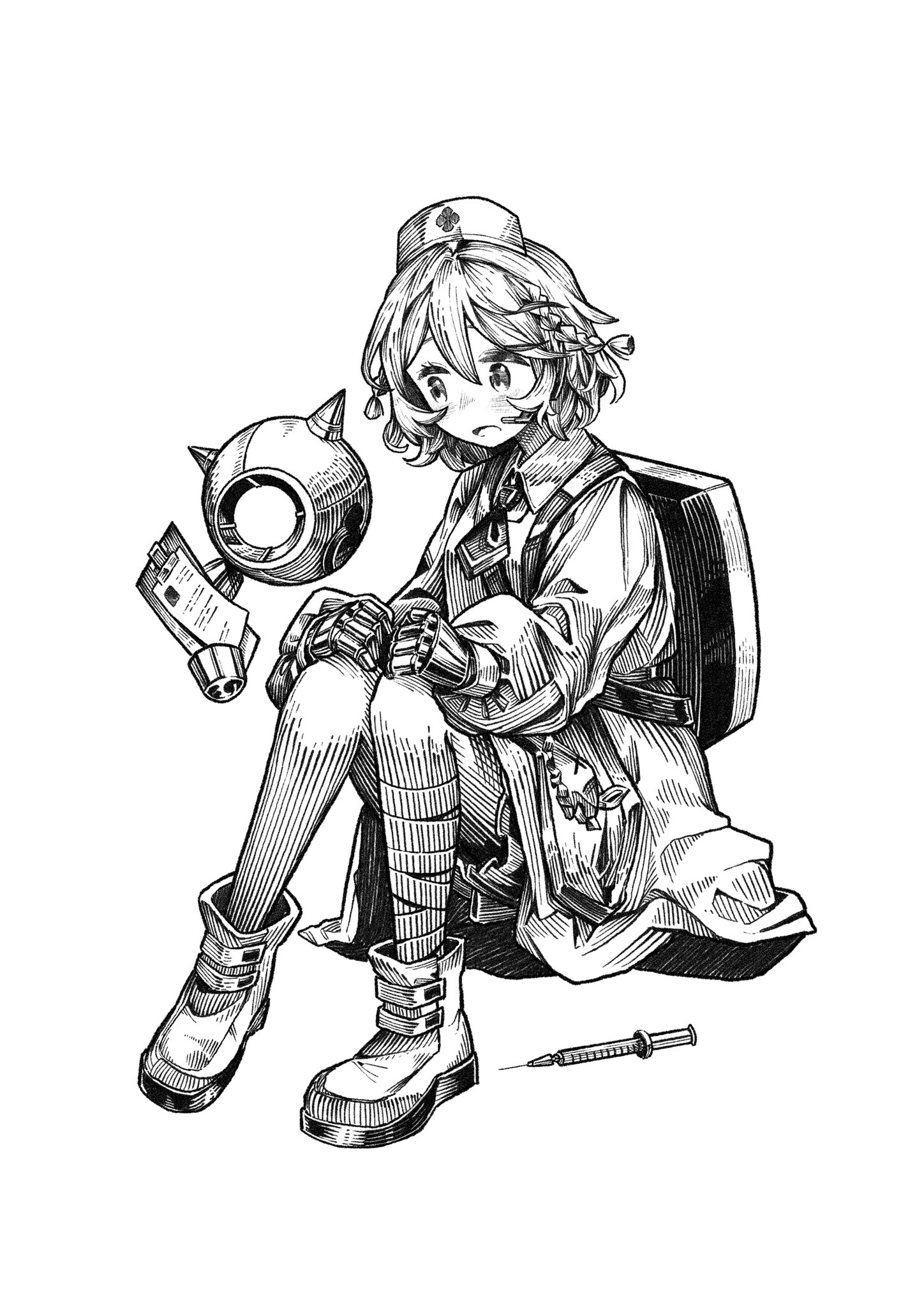 kilsturgeon, nurse robot type t, utau, highres, 1girl, android, backpack, bag, bandaged leg, bandages, boots, braid, clipboard, coat, drone, full body, greyscale, hat, headset, joints, long sleeves, monochrome, necktie, nurse cap, open mouth, puffy long sleeves, puffy sleeves, robot joints, short hair, short necktie, sitting, skirt, solo, syringe