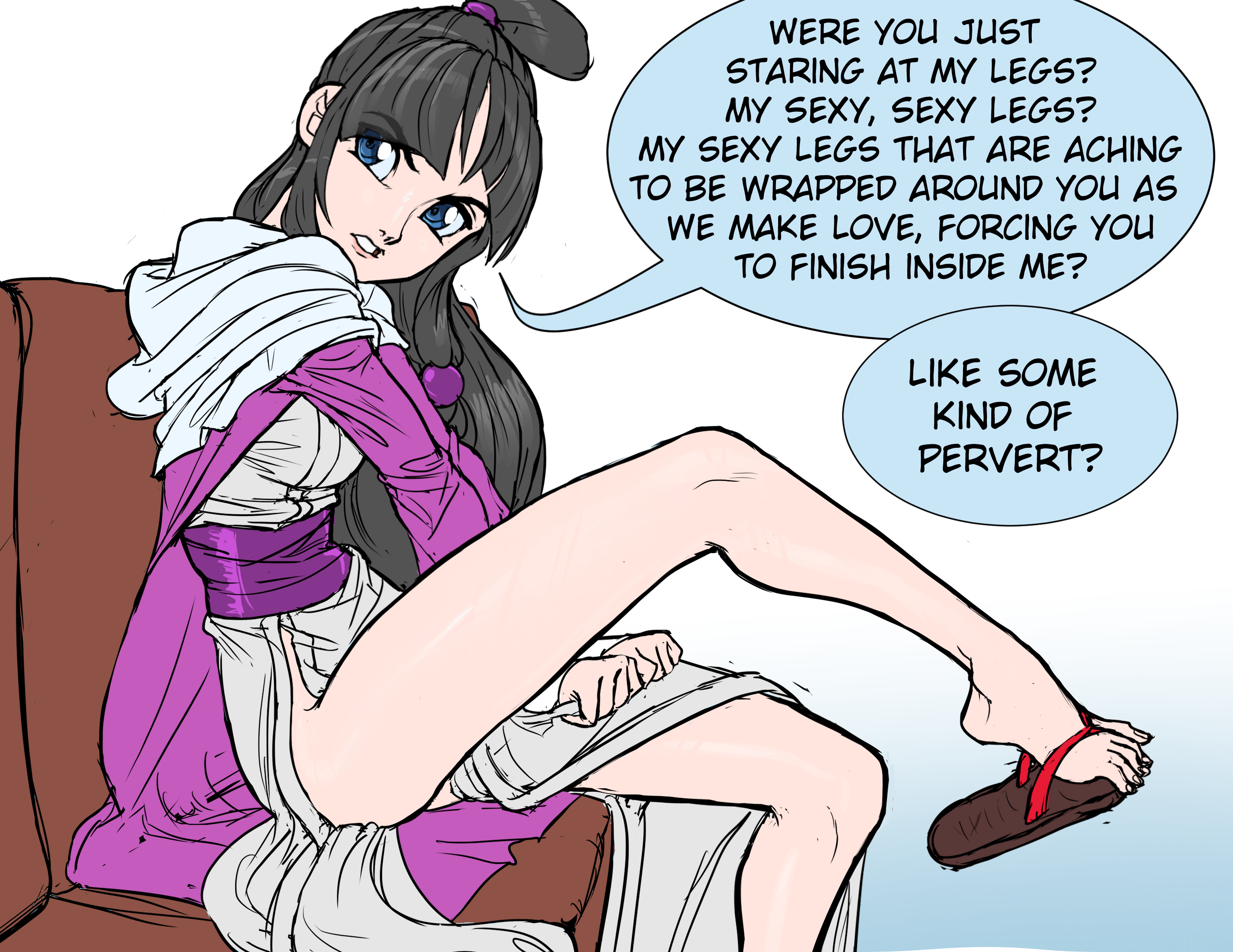 teevo, maya fey, ace attorney, barefoot, black hair, hair rings, japanese clothes, presenting, purple eyes, sandals, speech bubble, thighs