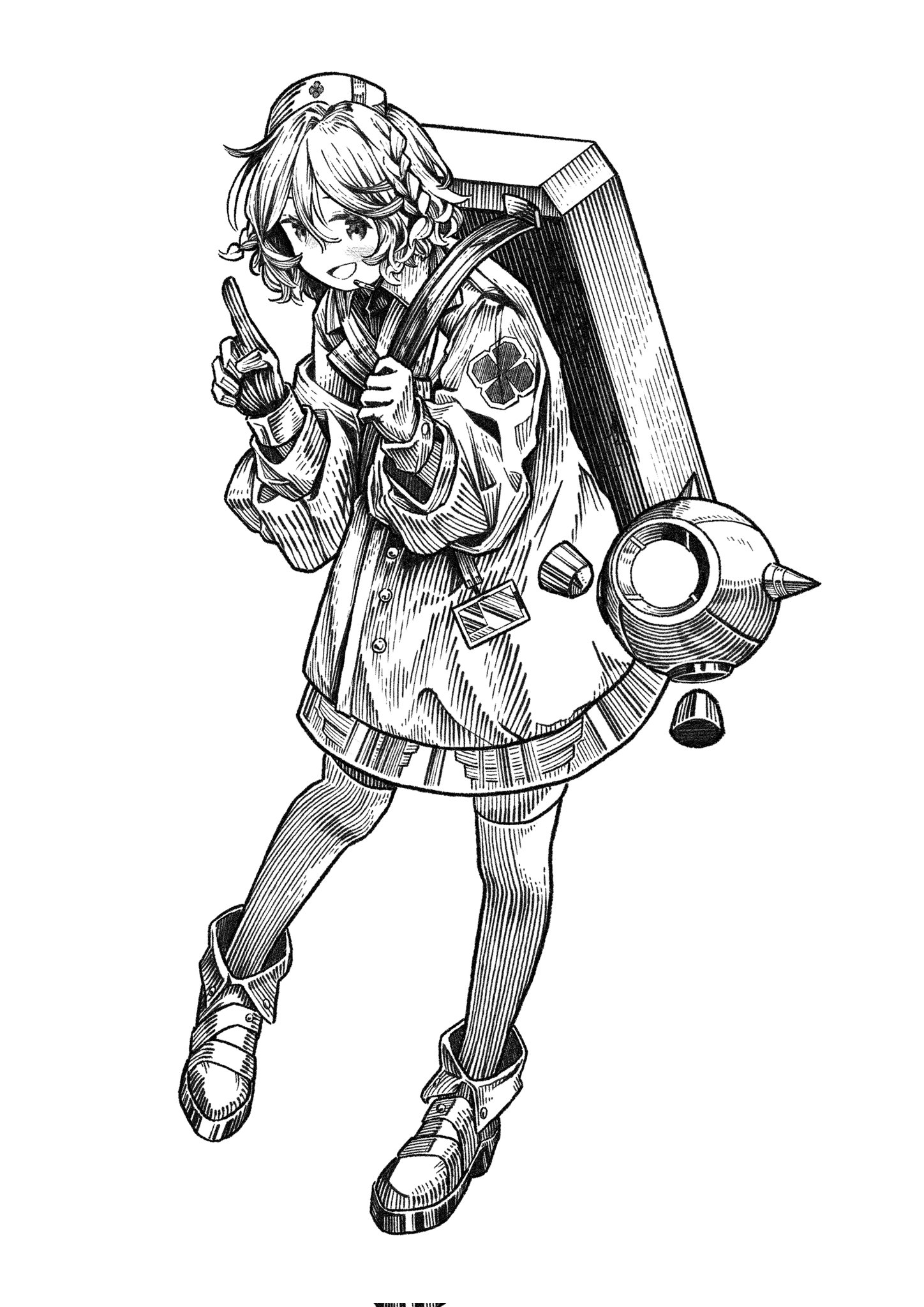 kilsturgeon, nurse robot type t, utau, corrupted twitter file, highres, 1girl, boots, braid, coat, collared shirt, drone, full body, gloves, greyscale, hat, index finger raised, long sleeves, looking at viewer, monochrome, nurse cap, open mouth, shirt, single braid, smile, solo, standing, thighhighs
