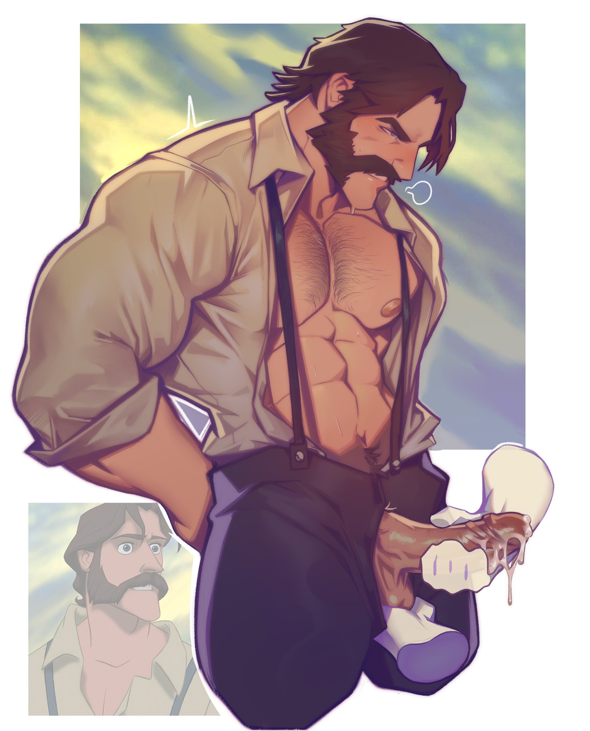 holo eden, tarzan (disney movie), absurdres, commentary, highres, symbol-only commentary, 1boy, abs, arms behind back, bara, bare pectorals, brown hair, chest hair, collared shirt, cropped legs, cum, disembodied hand, erection, facial hair, handjob, large pectorals, long sideburns, male focus, muscular, muscular male, mustache, navel hair, nipples, open clothes, open shirt, pants, pectorals, penis out, reference inset, shirt, short hair, sideburns, sleeves rolled up, solo focus, suspenders, tarzan's father (disney), testicles