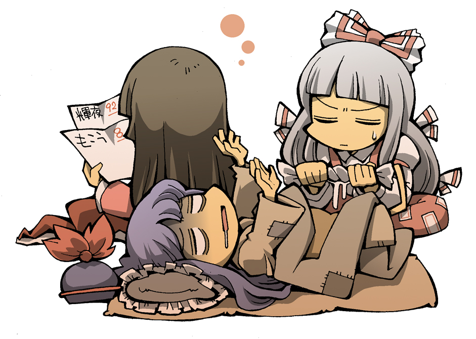 hounori, fujiwara no mokou, houraisan kaguya, kamishirasawa keine, touhou, silver hair, 3girls, academic test, blank eyes, bow, brown hair, closed eyes, exhausted, female focus, from behind, hair bow, hat, long hair, lying, multiple girls, multiple hair bows, on back, purple hair, simple background, sweatdrop, towel, unworn hat, unworn headwear, white background