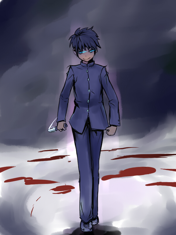 dorisan, nanaya shiki, tohno shiki, tsukihime, 00s, 1boy, blood, glowing, glowing eyes, knife, male focus, reverse grip, school uniform, snow, solo
