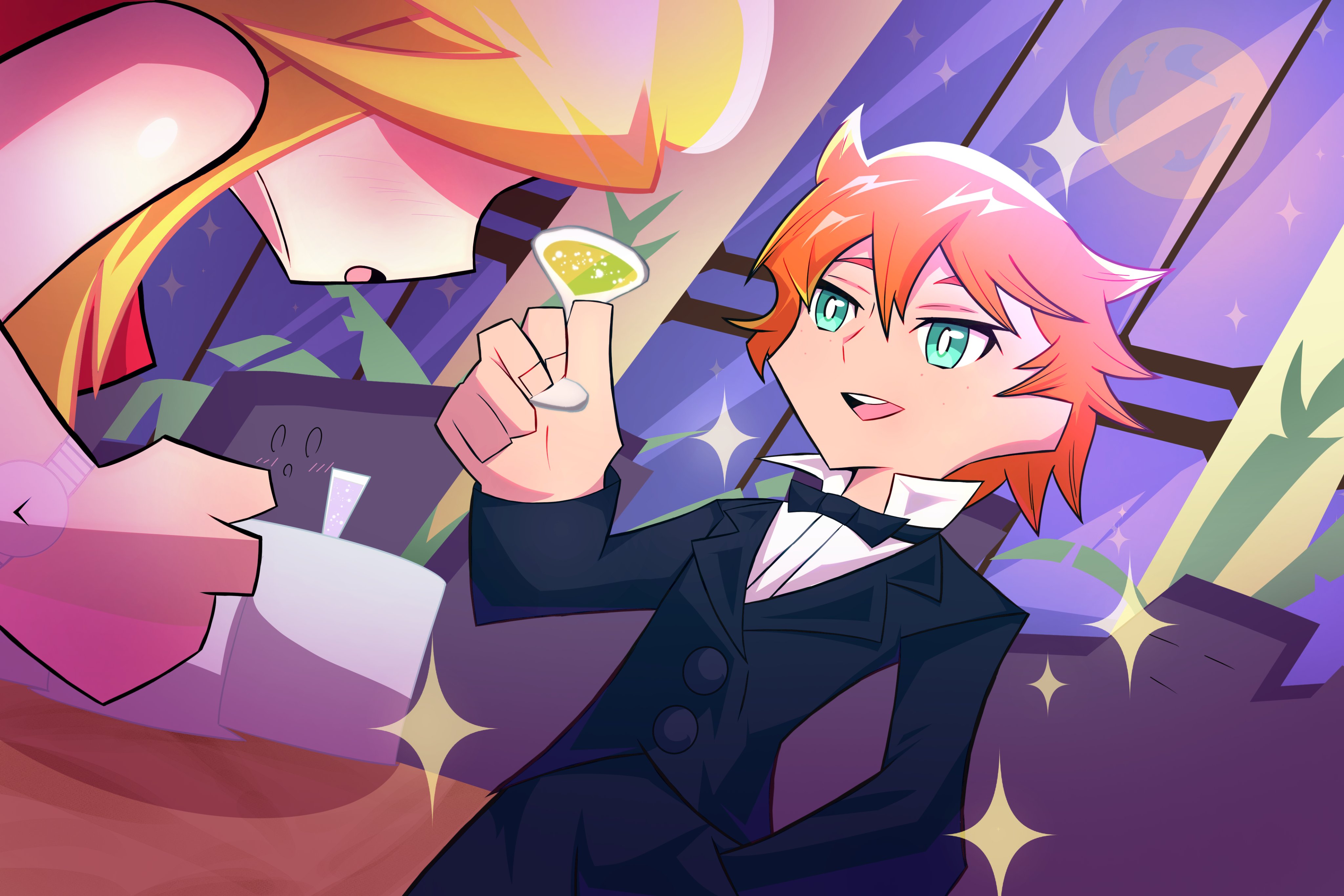 brief (psg), panty (psg), panty & stocking with garterbelt, absurdres, highres, 1boy, 1girl, alcohol, blonde hair, blue eyes, blush, bow, bowtie, breasts, champagne, couple, dating, drawingmuscles, dress, formal clothes, full moon, hair over eyes, hair pulled back, hetero, long hair, moon, multicolored hair, night, night sky, open mouth, orange hair, red dress, short hair, sky, smile, suit, teeth, tuxedo, watch, wristwatch