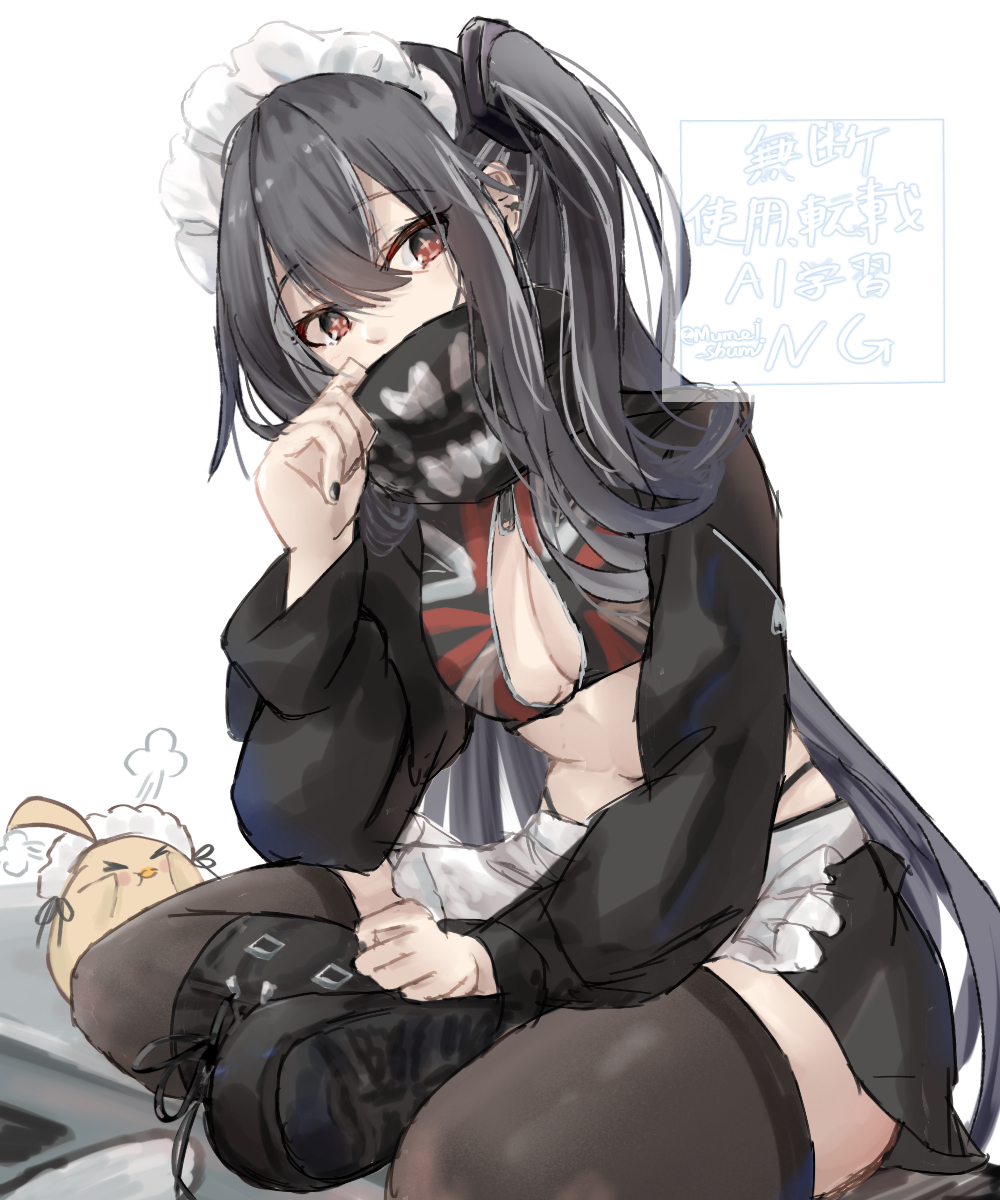 mumei shumi, manjuu (azur lane), u-47 (azur lane), u-47 (urban maid) (azur lane), azur lane, highres, > <, + +, 1girl, ahoge, apron, bandana, bandana over mouth, belly, black bandana, black boots, black hair, black jacket, black nails, black skirt, black thighhighs, boots, breasts, center opening, cleavage, covered mouth, cropped jacket, double-parted bangs, fingernails, frilled apron, frills, grey streaks, hair between eyes, head tilt, jacket, knee boots, long hair, long sleeves, maid, maid apron, maid headdress, medium breasts, midriff, miniskirt, multicolored hair, nail polish, no bra, one side up, panty straps, puff of air, puffy long sleeves, puffy sleeves, red eyes, sidelocks, simple background, sitting, skindentation, skirt, solo, streaked hair, swimsuit, thighhighs, two-tone hair, unconventional maid, unzipped, very long hair, waist apron, watermark, white apron, white background, zettai ryouiki, zipper pull tab