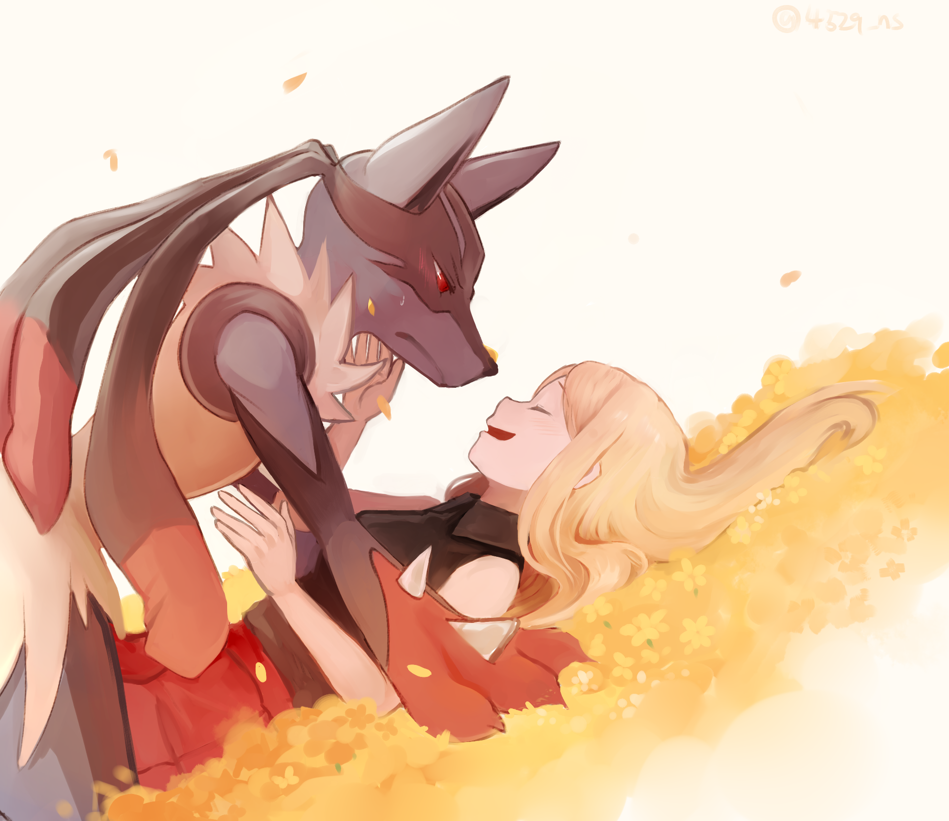 ropang, lucario, mega lucario, serena (pokemon), nintendo, pokemon, pokemon xy, bad id, bad pixiv id, highres, 1girl, 1other, arms up, blonde hair, blush, closed eyes, facing another, falling petals, flower, furrowed brow, gen 4 pokemon, half-closed eyes, hand on ground, hands up, happy, kneeling, looking at another, looking down, lying, mega pokemon, on back, on flower, on grass, on ground, open mouth, outdoors, petals, pleated skirt, red eyes, red skirt, shirt, skirt, sleeveless, sleeveless shirt, sweatdrop, white background, white shirt, yellow flower, yukadon
