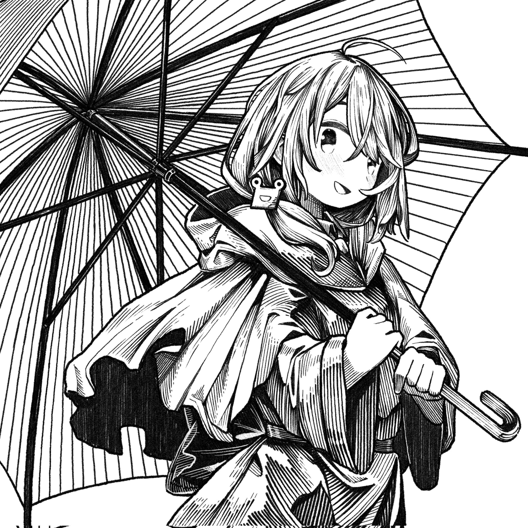 kilsturgeon, amaka eru, utau, corrupted twitter file, highres, 1girl, ahoge, collared shirt, frog hair ornament, hair ornament, holding, holding umbrella, hood, hood down, long sleeves, looking at viewer, medium hair, open mouth, raincoat, shirt, smile, solo, umbrella, upper body