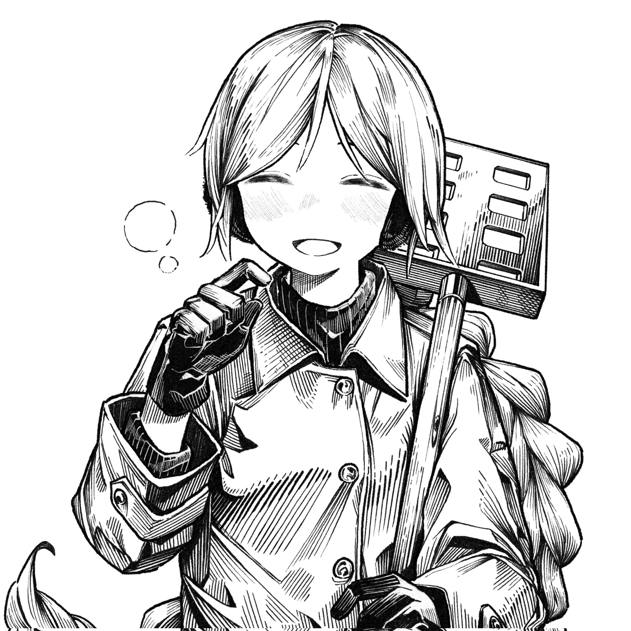 kilsturgeon, sekka yufu, utau, corrupted twitter file, highres, 1girl, braid, braided ponytail, breath, buttons, carrying over shoulder, closed mouth, coat, double-breasted, earmuffs, facing viewer, gloves, greyscale, hand up, long hair, long sleeves, low ponytail, monochrome, open mouth, ponytail, shovel, snow shovel, solo, sweater, turtleneck, turtleneck sweater, upper body, very long hair