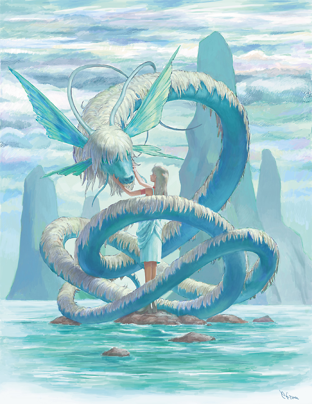 efira, highres, cloud, day, dragon, fantasy, grey hair, landscape, mountain, scenery, sky, water