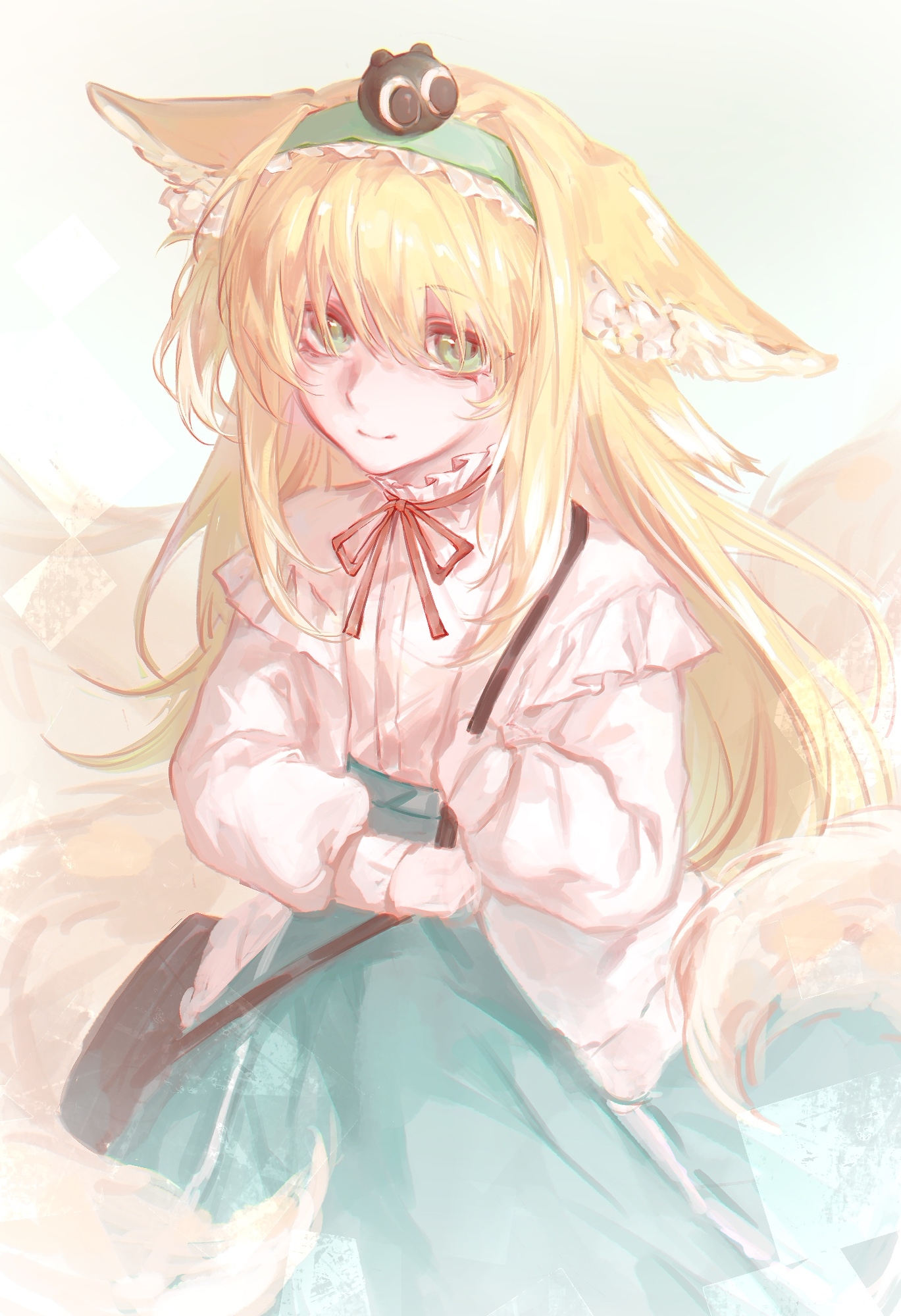 tianjiu53214, heixiu, suzuran (arknights), suzuran (spring praise) (arknights), arknights, luo xiaohei zhanji, highres, 1girl, animal ears, bag, blonde hair, brown bag, cardigan, closed mouth, crossover, fox ears, fox girl, fox tail, frilled hairband, frills, green eyes, green hairband, green skirt, hairband, high-waist skirt, kitsune, kyuubi, long hair, long sleeves, looking at viewer, multiple tails, neck ribbon, official alternate costume, puffy long sleeves, puffy sleeves, red ribbon, ribbon, shirt, shoulder bag, skirt, smile, solo, tail, white cardigan, white shirt