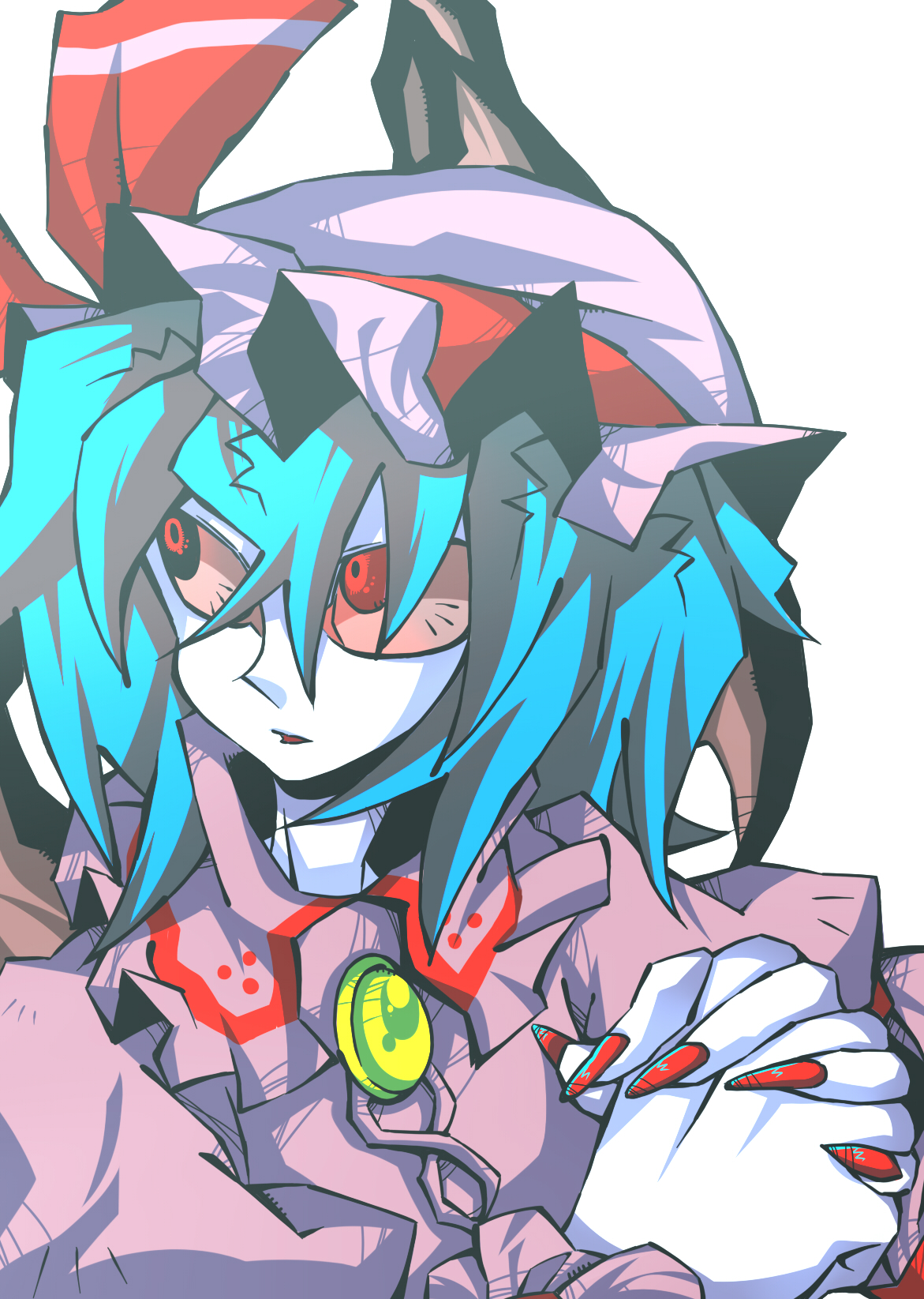senmu (0107), remilia scarlet, touhou, bad id, bad pixiv id, highres, 1girl, colored skin, female focus, fingernails, hat, long fingernails, mob cap, pink hat, solo, white skin