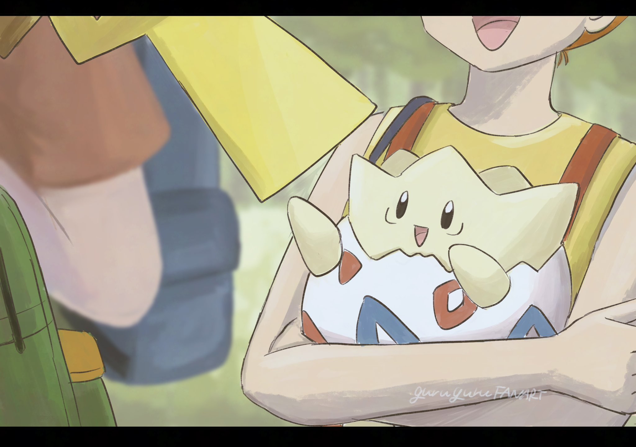 omochi (aoi guruguru), misty (pokemon), pikachu, togepi, nintendo, pokemon, pokemon (anime), pokemon (classic anime), 1boy, 1girl, :d, backpack, bag, bare arms, day, gen 1 pokemon, gen 2 pokemon, green bag, happy, holding, holding pokemon, male focus, open mouth, orange hair, orange shirt, outdoors, pokemon (creature), shirt, short hair, short sleeves, sleeveless, sleeveless shirt, smile, suspenders, tank top, tongue, yellow bag, yellow shirt, yellow tank top