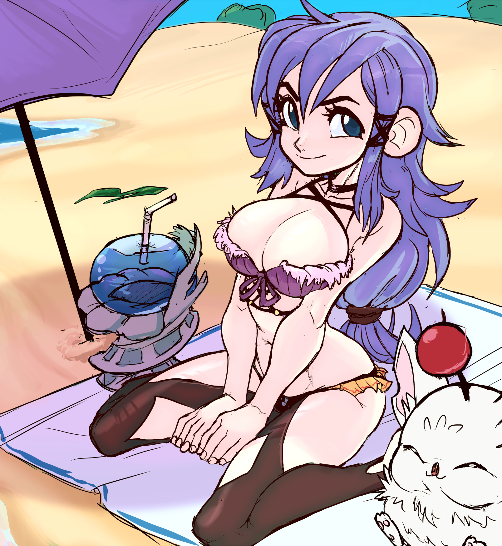 teevo, moogle, selkie, final fantasy, final fantasy crystal chronicles, beach, beach towel, bikini, breasts, cleavage, drink, drinking straw, kneeling, large breasts, long hair, looking at viewer, parasol, purple eyes, purple hair, sand, shore, swimsuit, towel, umbrella