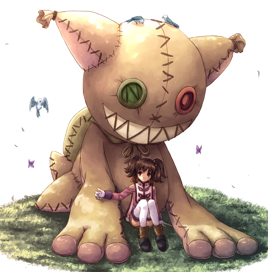 yakka, anise tatlin, tokunaga (tales), tales of (series), tales of the abyss, 00s, 1girl, bird, brown eyes, brown hair, bug, butterfly, doll, female focus, gloves, heterochromia, insect, size difference, solo, twintails