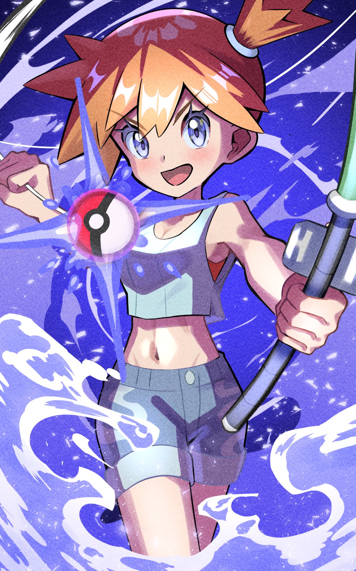 inana umi, misty (pokemon), pokemon, pokemon lgpe, pokemon rgby, 1girl, :d, blue eyes, blue shorts, blush, breasts, clenched hand, crop top, denim, denim shorts, eyelashes, fishing rod, holding, holding fishing rod, holding poke ball, looking at viewer, midriff, navel, one side up, open mouth, orange hair, poke ball, poke ball (basic), ponytail, shirt, short hair, shorts, side ponytail, sleeveless, sleeveless shirt, smile, solo, tank top, tongue, water