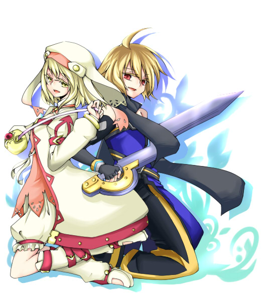 ikubou (idealday), kibou (pue), alice (tales), emil castagnier, tales of (series), tales of symphonia, tales of symphonia: dawn of the new world, bad id, bad pixiv id, md5 mismatch, 00s, 1boy, 1girl, blonde hair, bloomers, boots, green eyes, knee boots, red eyes, white bloomers