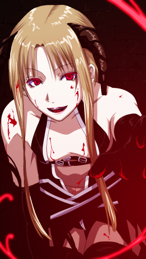 mr.romance, assassin cross (ragnarok online), succubus (ragnarok online), original, ragnarok online, 1girl, belt, blonde hair, blood, demon girl, female focus, flat chest, gloves, horns, long hair, red eyes, solo, thighhighs