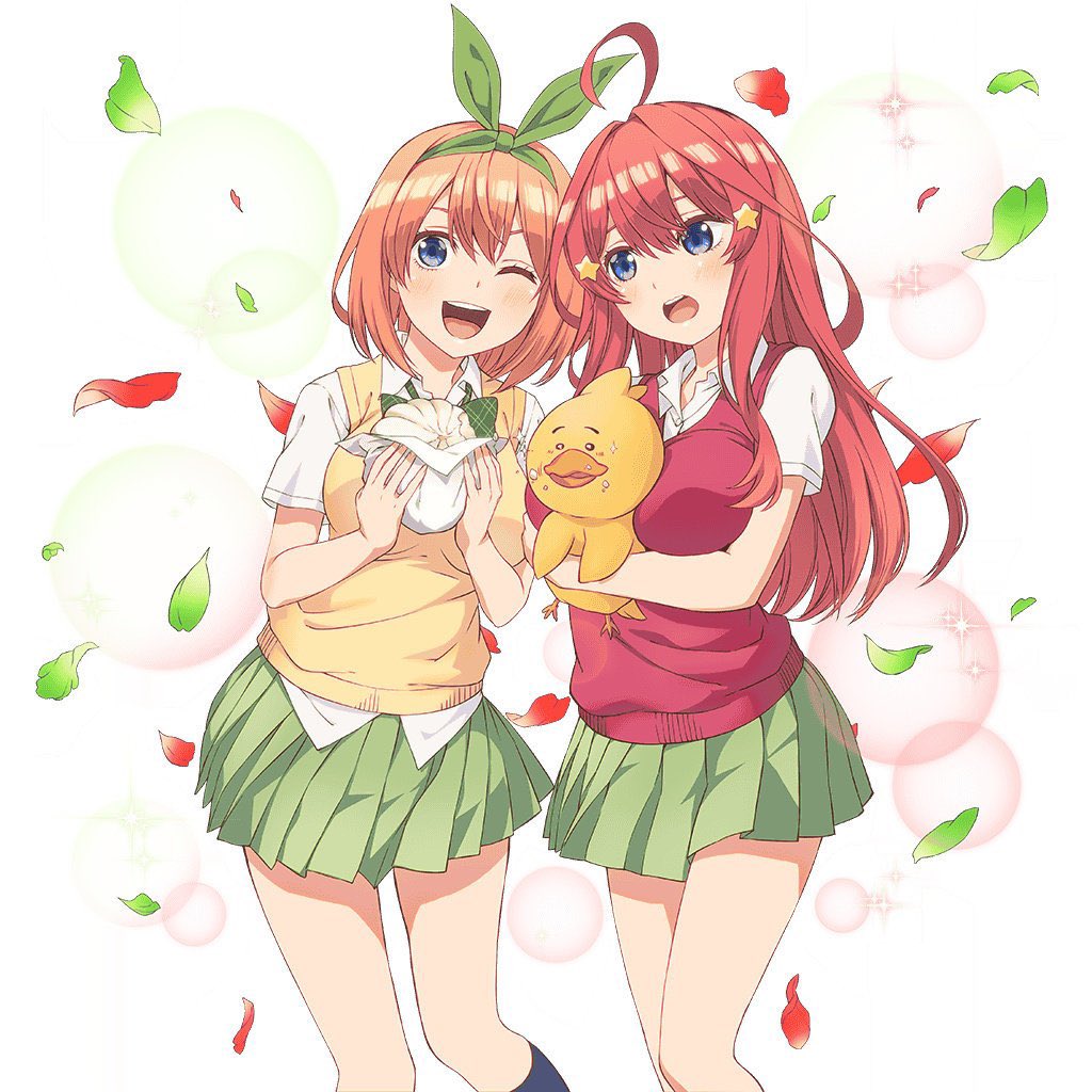 nakano itsuki, nakano yotsuba, go-toubun no hanayome, highres, official art, 2girls, ahoge, black socks, blue eyes, blush, bow, bowtie, bread, breasts, collared shirt, dot nose, food, green bow, green bowtie, green petals, green skirt, hair bow, hair ornament, holding, holding food, holding stuffed toy, large breasts, legs, long hair, looking at viewer, medium hair, melon bread, miniskirt, multiple girls, one eye closed, open mouth, orange hair, pleated skirt, quintuplets, red hair, red petals, red sweater vest, red vest, school uniform, shirt, shirt under sweater, shirt under vest, short sleeves, siblings, sisters, skirt, smile, socks, star (symbol), star hair ornament, stuffed toy, sweater vest, teeth, thighs, twins, upper teeth only, vest, white shirt, yellow sweater vest, yellow vest