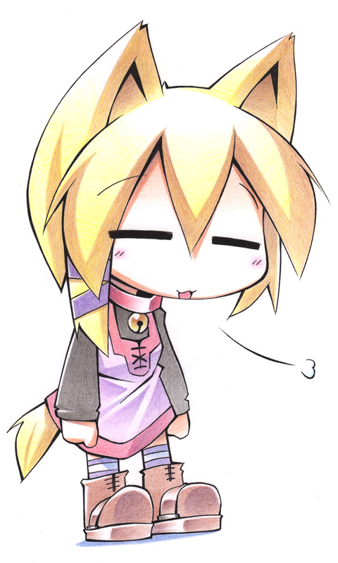 uccow, original, bad id, bad pixiv id, 1girl, animal ears, bell, blonde hair, breath, brown shoes, chibi, collar, female focus, full body, neck bell, shoes, sigh, simple background, solo, standing, white background