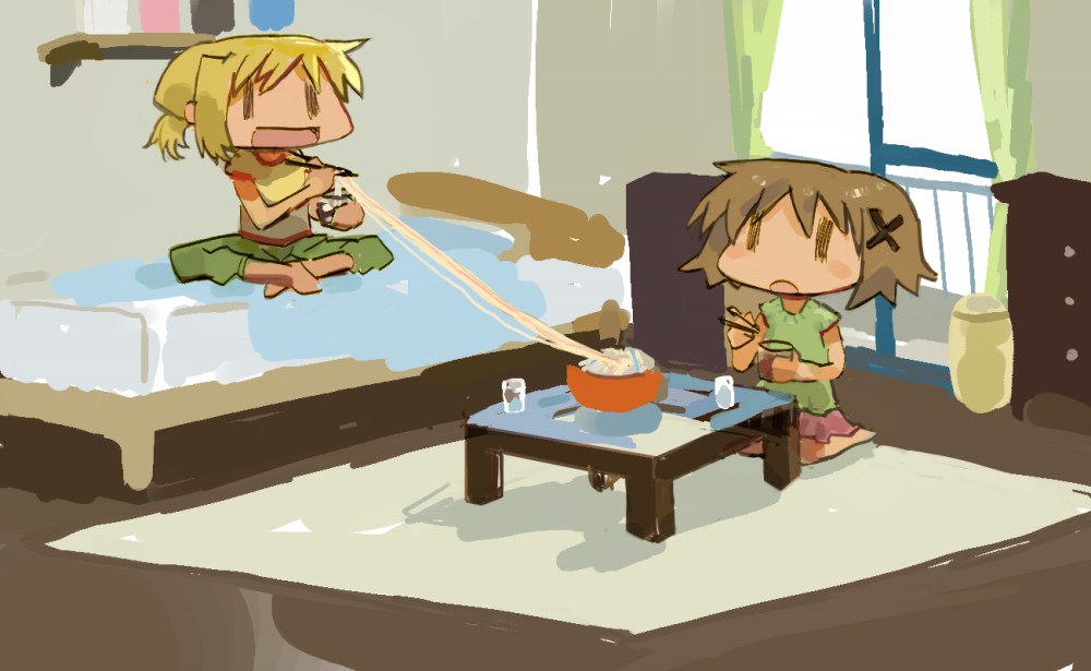asasow, miyako (hidamari sketch), yuno (hidamari sketch), hidamari sketch, 00s, eating, wide face, | |