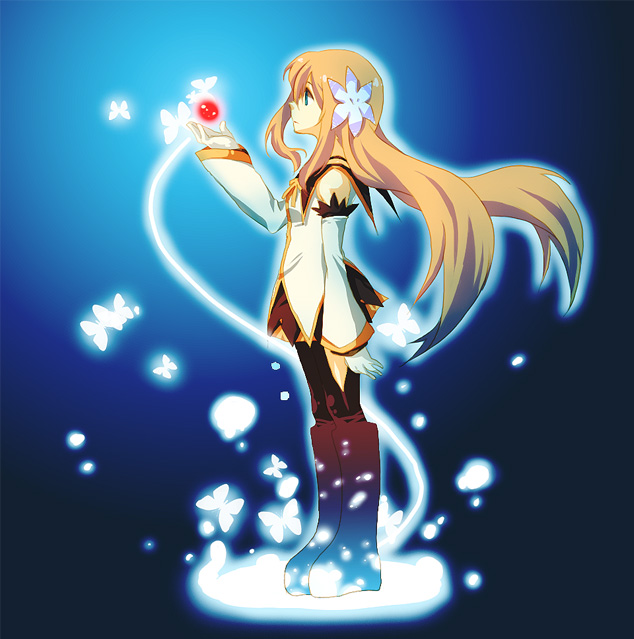 yuzuma (321353), marta lualdi, tales of (series), tales of symphonia, tales of symphonia: dawn of the new world, 00s, 1girl, boots, brown hair, bug, butterfly, female focus, flower, insect, knee boots, solo