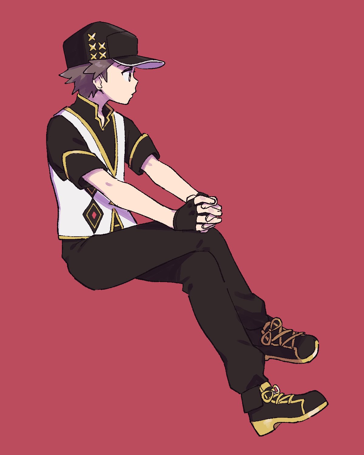 pumpkinpan, red (anniversary 2025) (pokemon), red (pokemon), nintendo, pokemon, pokemon masters ex, highres, 1boy, black gloves, black hat, black pants, black shirt, brown eyes, brown hair, closed mouth, crossed legs, fingerless gloves, gloves, hat, male focus, official alternate costume, pants, red background, shirt, shoes, short hair, simple background, solo, vest, white vest