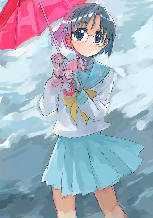 asasow, aiko (magipoka), renkin san-kyuu magical pokaan, 1girl, android, blue eyes, female focus, glasses, hairband, joints, robot joints, school uniform, serafuku, short hair, solo, umbrella