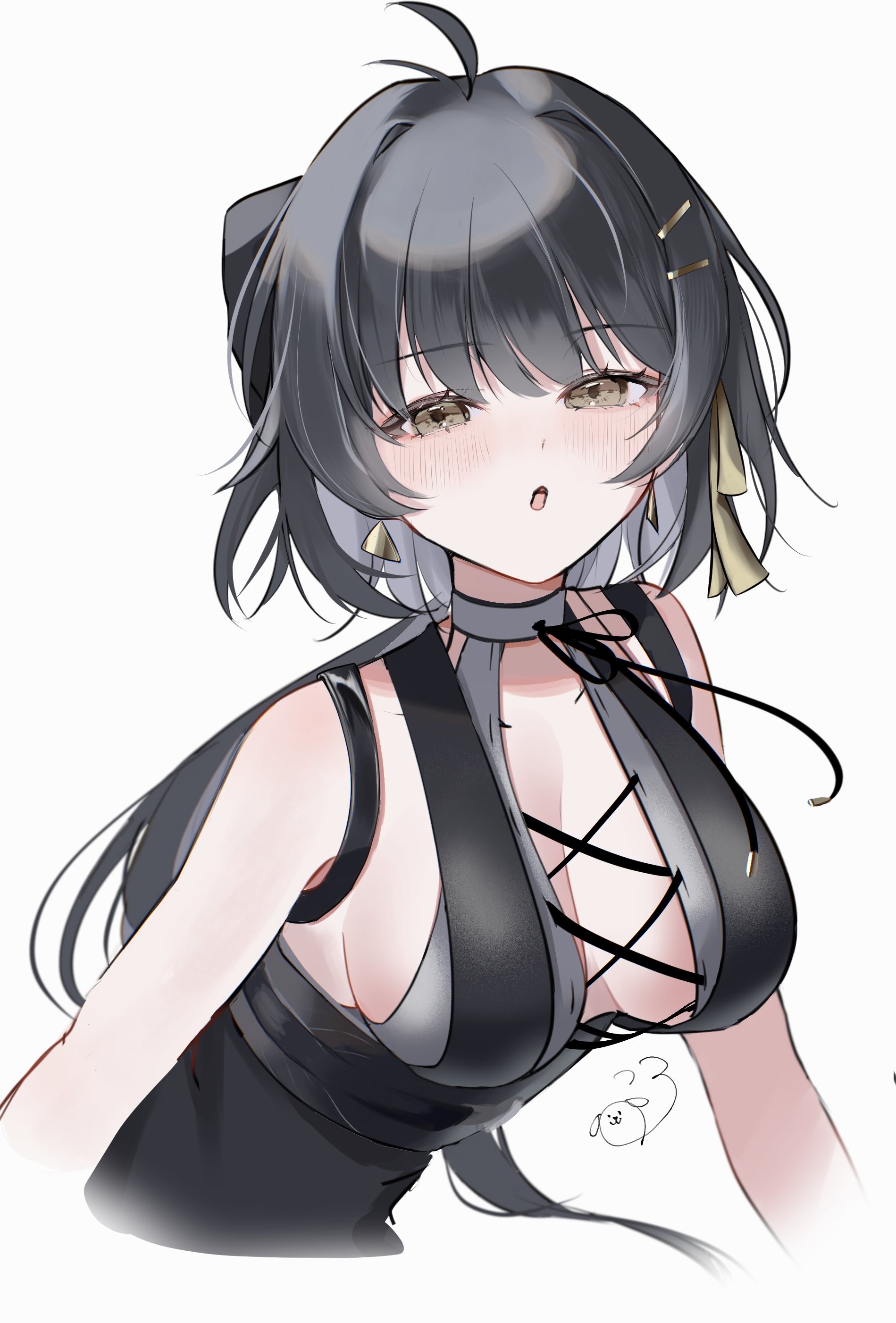 suyosuyo, female rover (wuthering waves), rover (wuthering waves), wuthering waves, absurdres, highres, 1girl, :o, ahoge, antenna hair, bare arms, bare shoulders, black bow, black hair, black ribbon, blush, bow, breasts, brown eyes, center opening, cleavage, cropped torso, cross-laced clothes, cross-laced slit, cross-laced top, earrings, expressionless, hair bow, hair intakes, hair ornament, hair ribbon, hairclip, halterneck, jewelry, large breasts, long hair, low ponytail, narrowed eyes, neck ribbon, open mouth, ponytail, ribbon, sideboob, simple background, sleeveless, solo, triangle earrings, underbust, white background, yellow ribbon