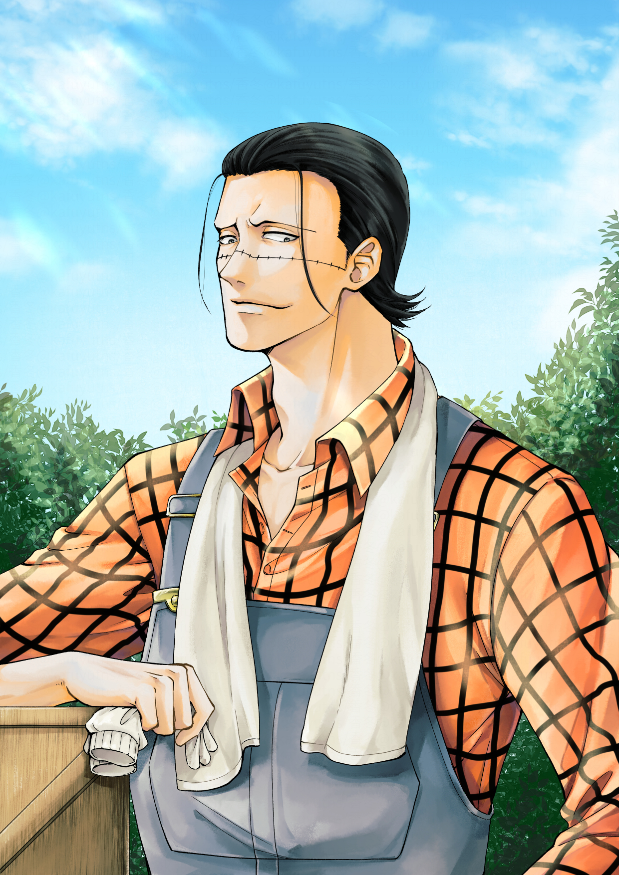 kafuyutns, crocodile (one piece), one piece, commentary request, highres, 1boy, adam's apple, black hair, blue overalls, blue sky, checkered clothes, checkered shirt, closed mouth, collarbone, collared shirt, day, gloves, hair slicked back, holding, holding gloves, holding unworn clothes, male focus, outdoors, overalls, shirt, short hair, sideburns, sky, solo, stitched face, stitches, towel, towel around neck, unworn gloves