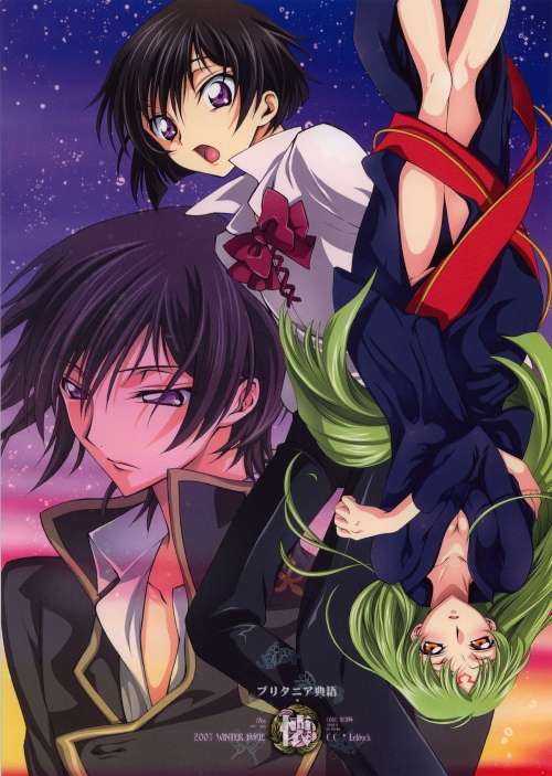 iyou, mizuno poppo, c.c., lelouch vi britannia, code geass, looking away, 00s, 1boy, 1girl, :o, aged down, black hair, blush, bow, bowtie, breasts, child, cleavage, cloud, cover, cover page, crossed arms, dress, dress shirt, dual persona, embarrassed, facial mark, forehead mark, formal clothes, frown, green hair, groin, legs, long hair, looking at viewer, night, night sky, no panties, open clothes, open mouth, open shirt, pants, parted bangs, pectorals, purple eyes, school uniform, shirt, short hair, sky, star (sky), starry sky, sunset, surprised, thigh gap, time paradox, upside-down, very long hair, yellow eyes