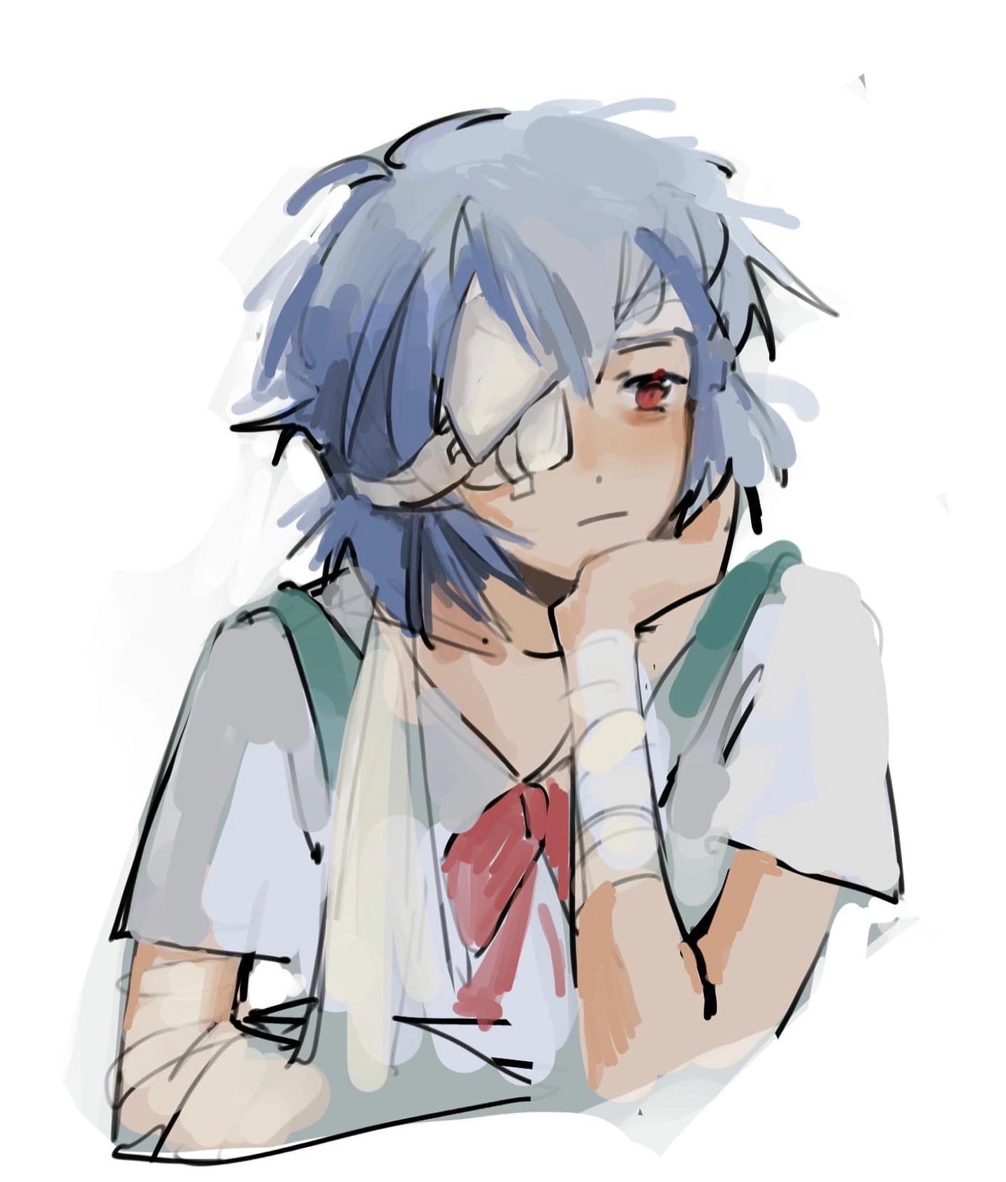 bloobrerrryv, ayanami rei, neon genesis evangelion, commentary, hashtag-only commentary, highres, 1girl, aqua skirt, arm sling, bandaged arm, bandaged head, bandaged wrist, bandages, blue hair, bow, bowtie, collared shirt, cropped torso, dress shirt, elbow rest, eyepatch, head rest, injury, looking afar, looking to the side, medical eyepatch, messy hair, red bow, red bowtie, red eyes, school uniform, shirt, short hair, short sleeves, simple background, sketch, skirt, solo, suspender skirt, suspenders, tokyo-3 middle school uniform, white background, white shirt
