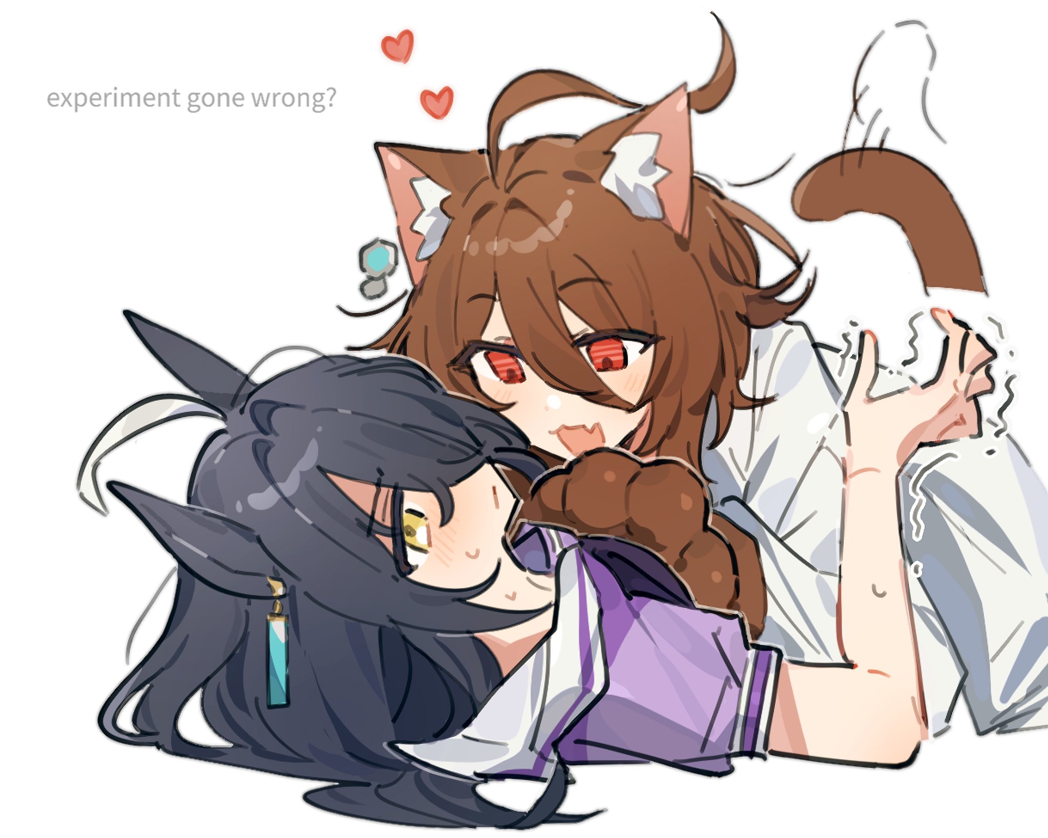 emne, agnes tachyon (tach-nology) (umamusume), agnes tachyon (umamusume), manhattan cafe (umamusume), umamusume, highres, 2girls, ahoge, animal ears, animal hands, black hair, blush, bow, brown hair, cat ears, cat girl, cat tail, closed mouth, coat, ear tag, earrings, gloves, hair between eyes, heart, horse ears, horse girl, huge ahoge, jewelry, lab coat, long bangs, long hair, long hair between eyes, long sleeves, looking at another, medium hair, multicolored hair, multiple girls, open mouth, paw gloves, puffy short sleeves, puffy sleeves, purple bow, purple shirt, red eyes, sailor collar, sailor shirt, school uniform, shirt, short sleeves, single earring, sleeves past wrists, smile, sweat, tail, tail wagging, tracen school uniform, white coat, white hair, white sailor collar, yellow eyes, yuri