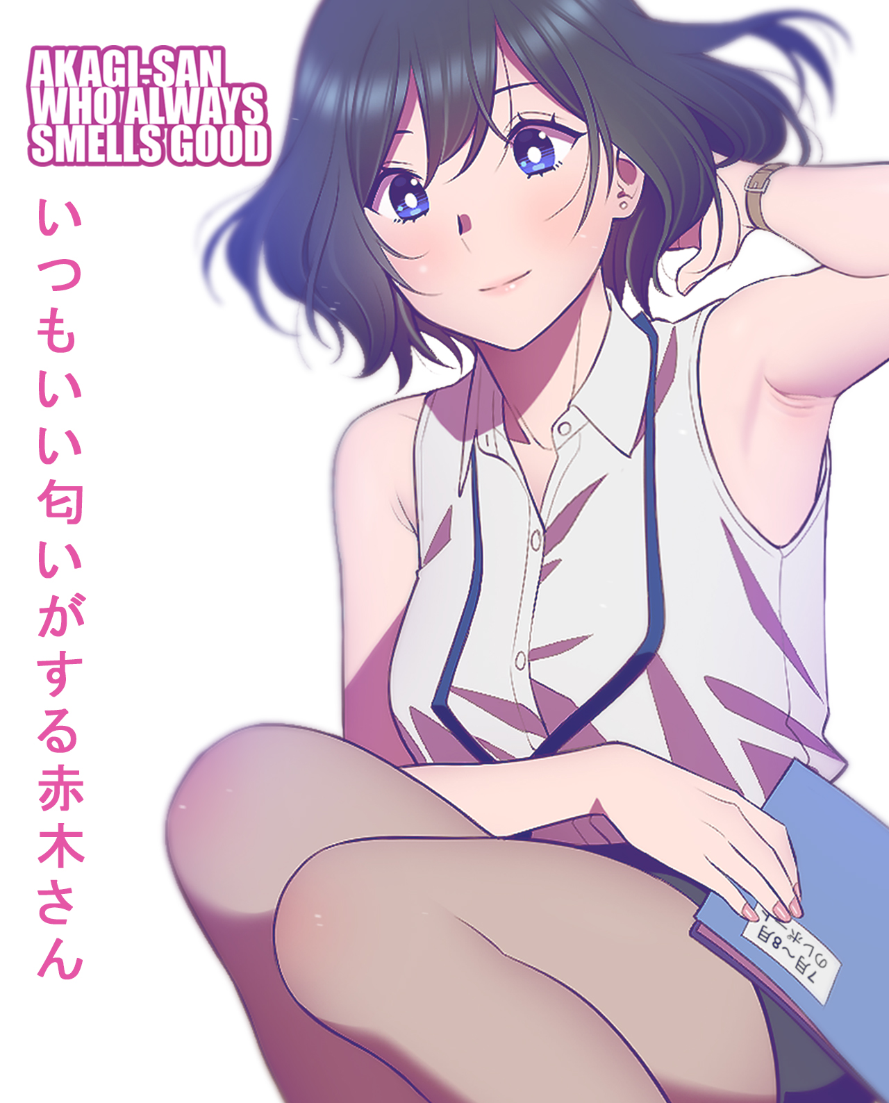 andrian januar adilia, original, highres, translation request, 1girl, arm behind head, arm up, armpits, black hair, blue eyes, hand in own hair, holding, light smile, looking at viewer, shirt, short hair, sleeveless, solo, squatting, white background, white shirt