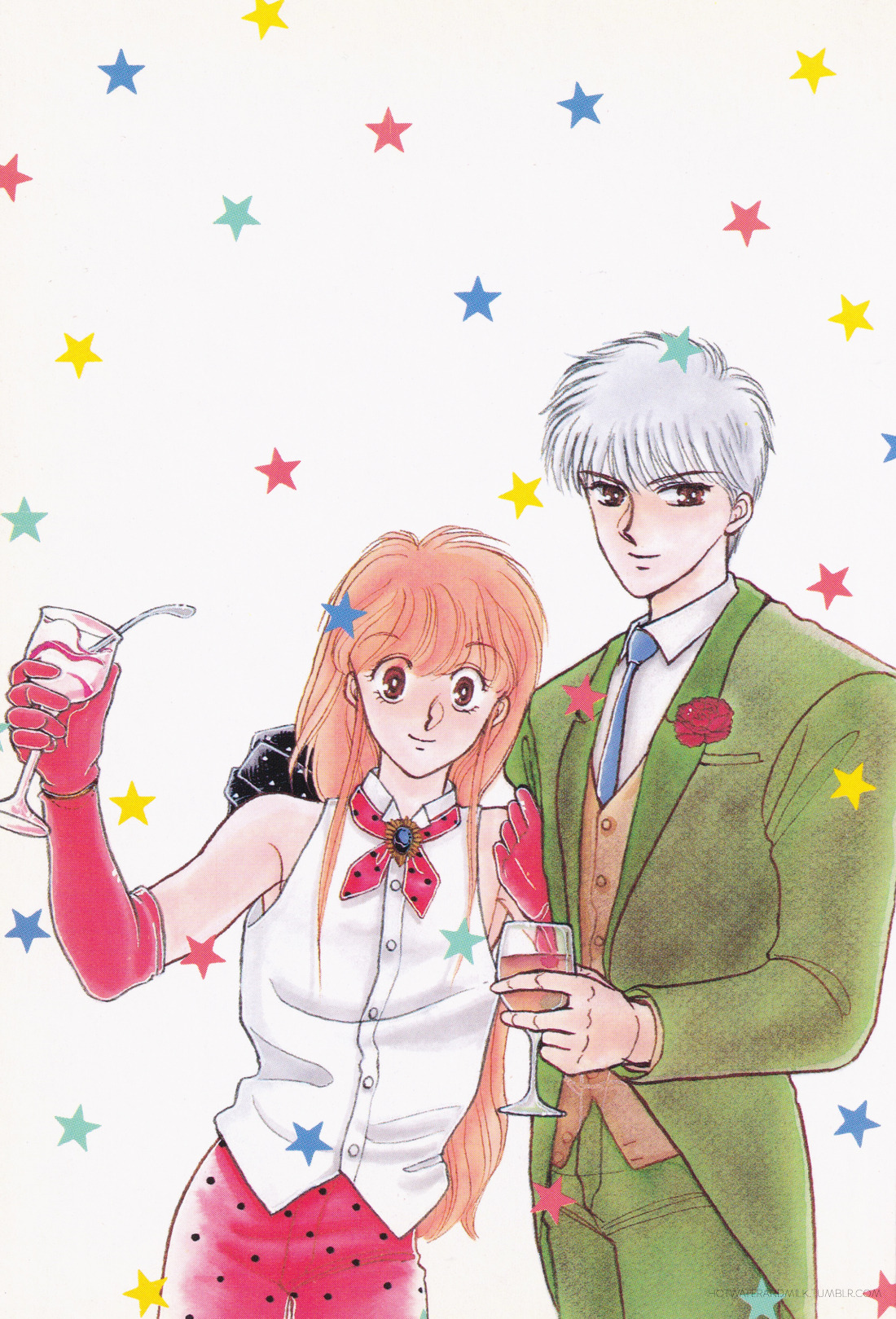 kisaragi shun, tezuka shinobu, koko wa greenwood, commentary, english commentary, highres, scan, third-party edit, third-party source, 2boys, androgynous, blue necktie, brown vest, buttons, elbow gloves, eyelashes, food, food print, fruit print, gloves, green jacket, green pants, grey hair, holding, holding food, holding ice cream, ice cream, ice cream spoon, jacket, locked arms, long hair, multiple boys, nasu yukie, necktie, pants, pink gloves, pink hair, pink pants, shirt, short hair, sleeveless, sleeveless shirt, smile, spoon, star (symbol), third-party watermark, vest, watermelon print, white background, white shirt