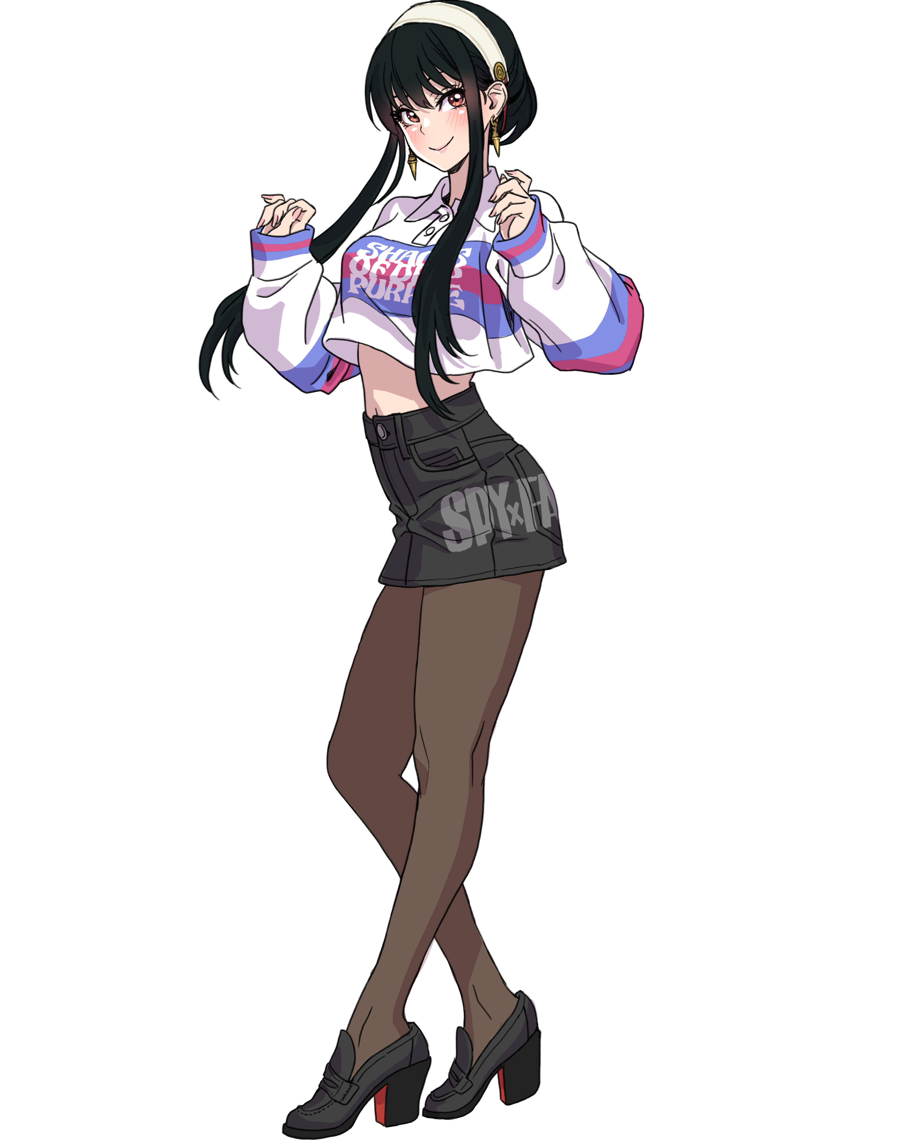 yamashita shun'ya, yor briar, spy x family, absurdres, commentary request, highres, 1girl, black hair, black shoes, black skirt, closed mouth, clothes writing, crop top, crop top overhang, earrings, fingernails, full body, gold earrings, green eyes, hairband, high heels, jewelry, long fingernails, long hair, long sleeves, looking at viewer, midriff, miniskirt, navel, pantyhose, pencil skirt, pink nails, polo shirt, shoes, sidelocks, simple background, skirt, sleeves past wrists, smile, standing, very long hair, white background, white hairband