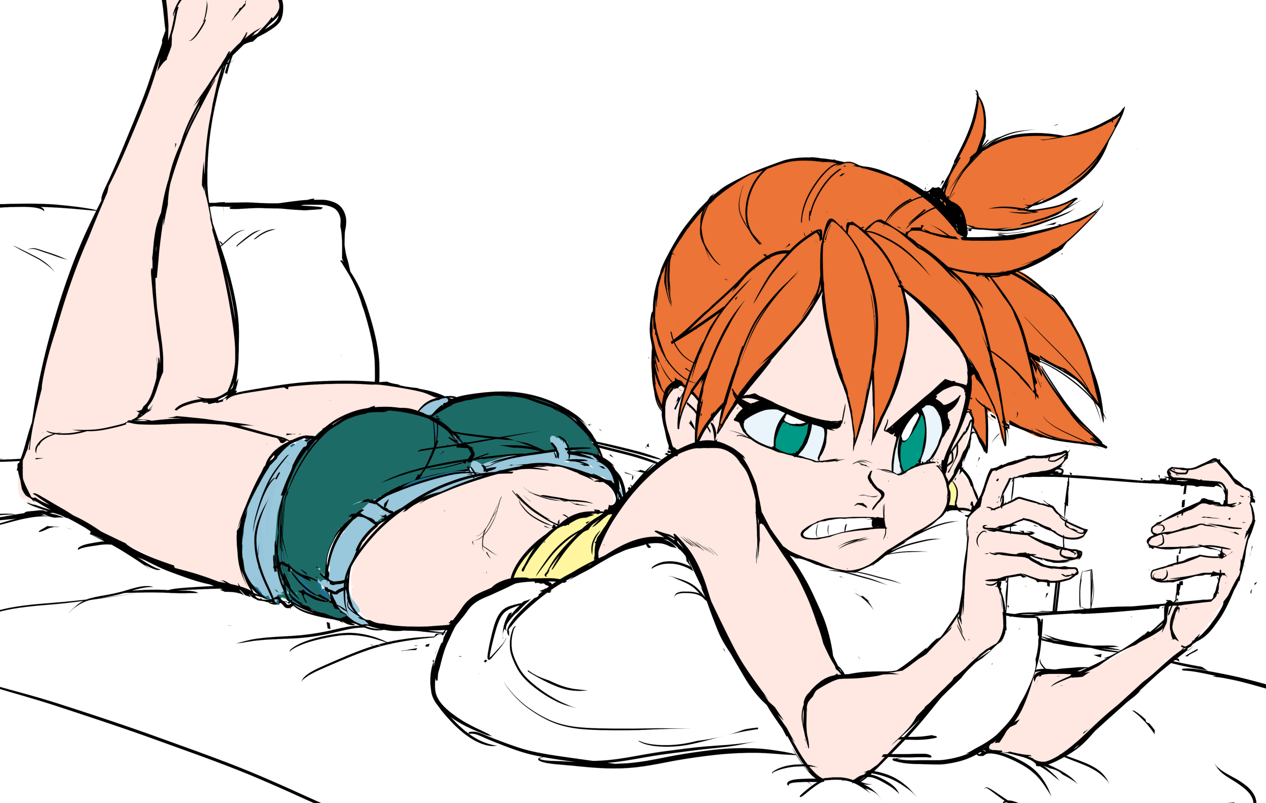 teevo, nintendo, pokemon, ass, bare back, frustrated, green eyes, hugging object, lying, nintendo switch, on bed, on stomach, pillow, pillow hug, playing games, red hair, short shorts, shorts, side ponytail, tank top, thighs