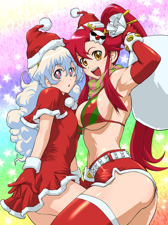 ueyama michirou, nia teppelin, yoko littner, tengen toppa gurren lagann, 00s, 2girls, armpits, bikini, bikini top only, christmas, flexing, hat, micro shorts, multicolored bikini, multicolored scarf, multiple girls, muscular, ponytail, rainbow background, red hair, santa bikini, santa costume, santa hat, scarf, shorts, star (symbol), swimsuit, thighhighs
