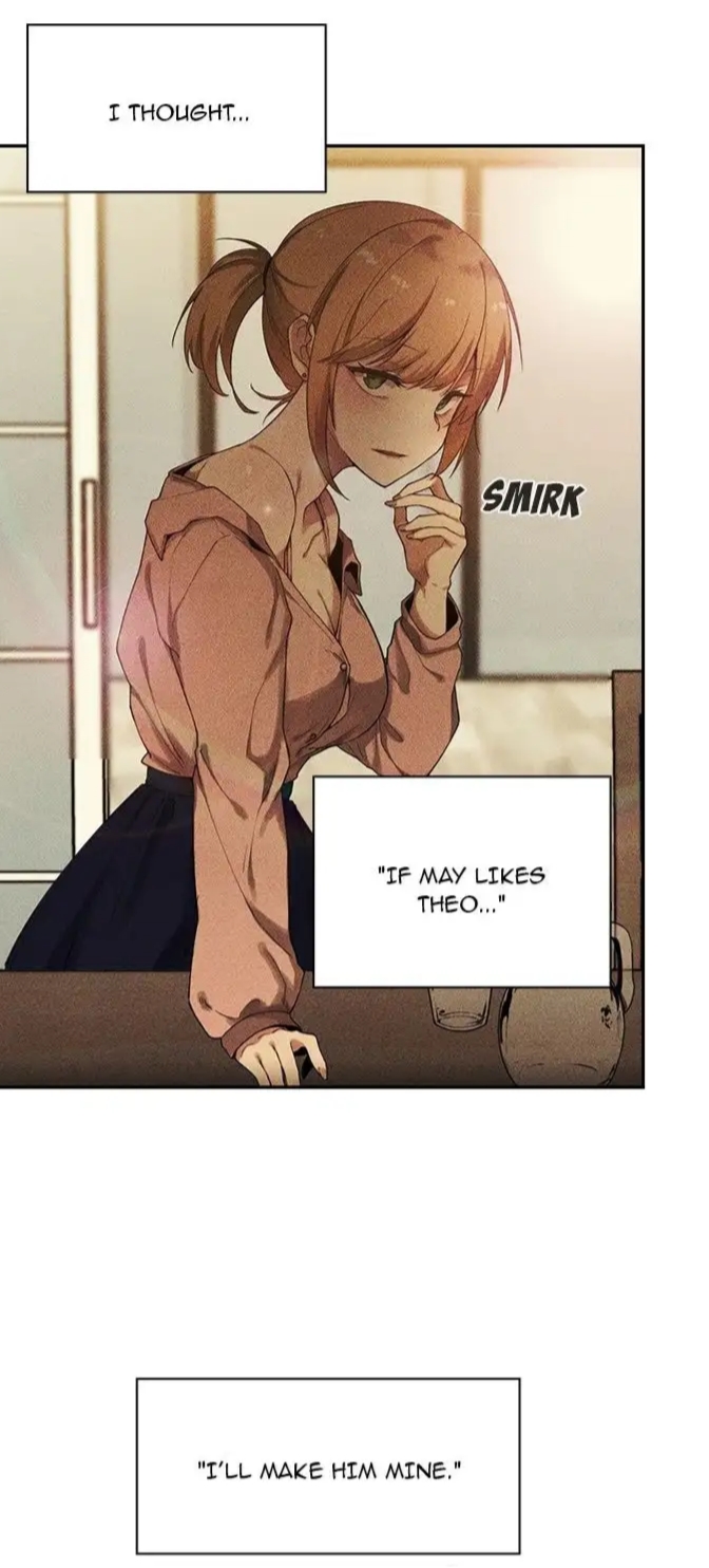 pornhwa, webtoon, artist request, character request, colorized, highres, official art, translated, 1girl, bare shoulders, blonde hair, blue skirt, breasts, cleavage, collarbone, cropped shoulders, english text, female focus, glass, green eyes, jug (bottle), large breasts, long sleeves, medium hair, mini person, no bra, open mouth, pink shirt, pleated skirt, ponytail, shirt, shirt tucked in, skirt, smirk, solo, solo focus, speech bubble
