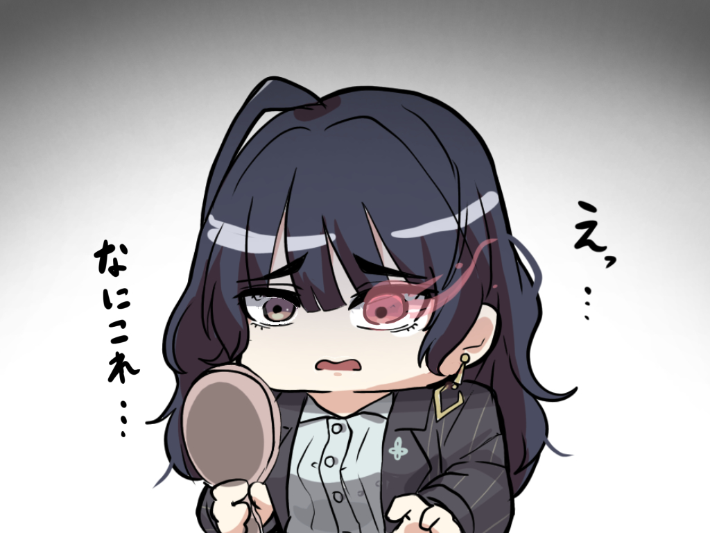 kawamochi (kawauti919), kashimoto riko, umamusume, translated, 1girl, black hair, black jacket, brown eyes, chibi, collared shirt, dress shirt, earrings, flaming eye, gradient background, grey background, grey shirt, hand mirror, holding, holding mirror, jacket, jewelry, long hair, mirror, open clothes, open jacket, open mouth, pinstripe jacket, pinstripe pattern, shirt, solo, upper body, wavy mouth, white background