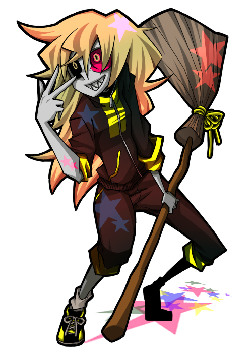 senmu (0107), kirisame marisa, touhou, bad id, bad pixiv id, 1girl, alternate costume, blonde hair, broom, contemporary, female focus, heterochromia, jacket, sharp teeth, shoes, sleeves rolled up, sneakers, solo, star (symbol), teeth, track jacket