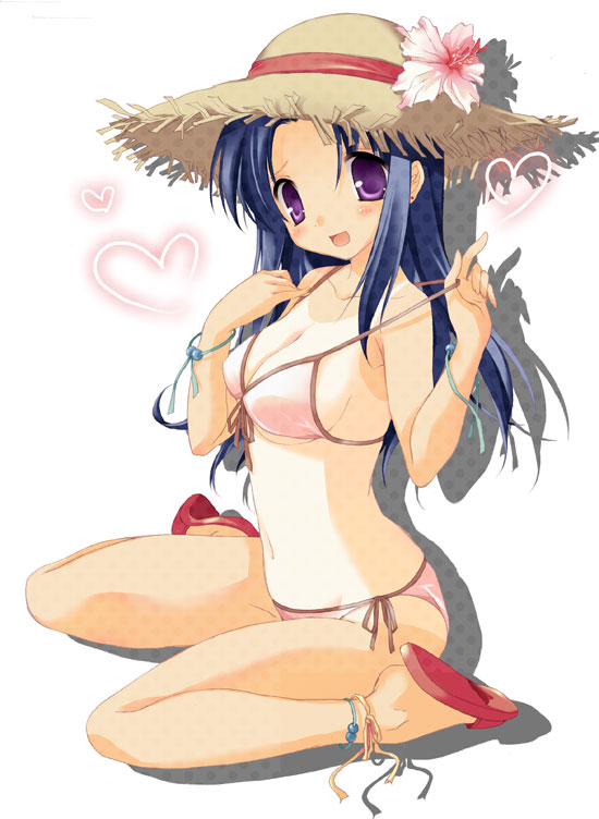 kiaki, kawashima ami, toradora!, bad id, bad pixiv id, 00s, 1girl, :d, anklet, bikini, blue hair, blush, bracelet, breasts, cleavage, female focus, flower, full body, hat, hat flower, head tilt, heart, hibiscus, jewelry, long hair, looking at viewer, one-piece tan, open mouth, pink bikini, purple eyes, sandals, shadow, side-tie bikini bottom, simple background, sitting, smile, solo, strap lift, straw hat, swimsuit, tan, tanline, wariza, white background