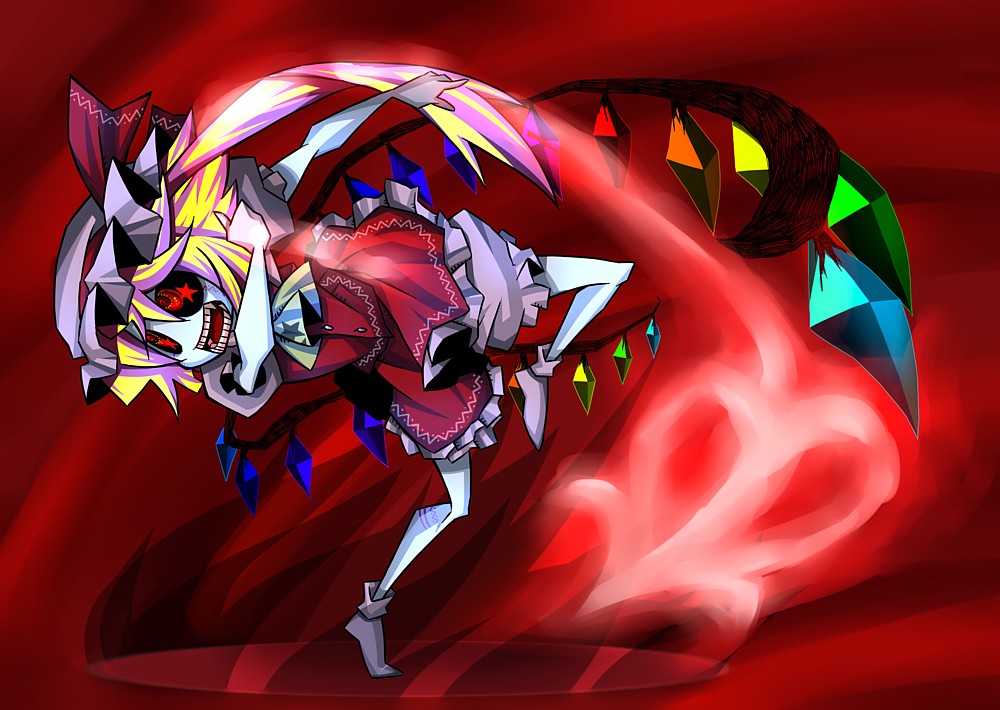 senmu (0107), flandre scarlet, embodiment of scarlet devil, touhou, bad id, bad pixiv id, 1girl, :d, ascot, black sclera, blonde hair, bloomers, blue skin, buttons, colored sclera, colored skin, contemporary, crystal, demon wings, dress, female focus, frilled dress, frills, full body, hat, midair, mob cap, multicolored hair, no shoes, open mouth, pink hair, purple hat, purple socks, red dress, red eyes, side ponytail, skinny, smile, socks, solo, star (symbol), star print, two-tone hair, underwear, wings