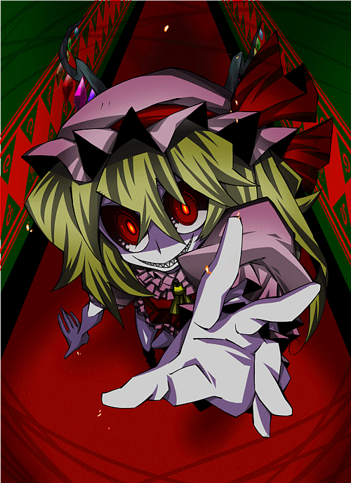 senmu (0107), flandre scarlet, embodiment of scarlet devil, touhou, bad id, bad pixiv id, 1girl, blouse, contemporary, female focus, foreshortening, hair between eyes, hat, mob cap, pink hat, pink shirt, red background, shirt, solo